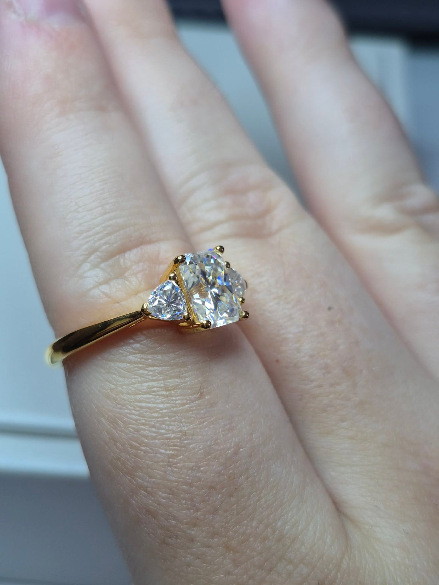 Premium Moissanite Trilogy Ring 18k Gold Plated 925 Sterling Silver SIZE P