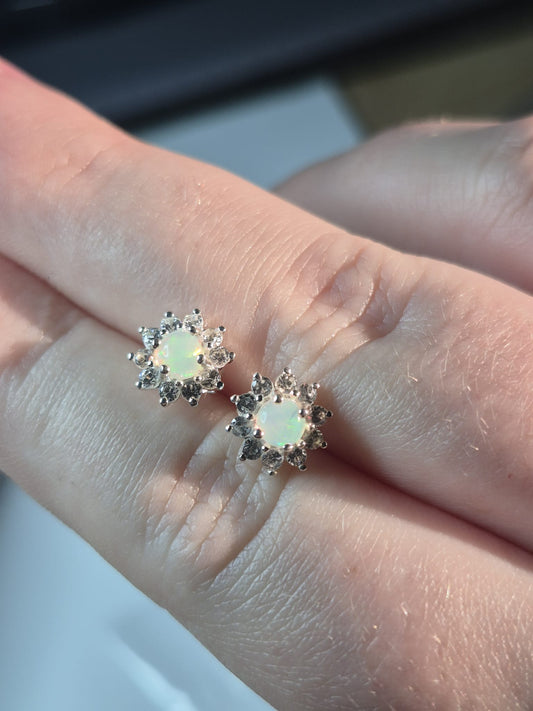 Ethiopian Opal & White Zircon Halo Earrings 925 Sterling Silver