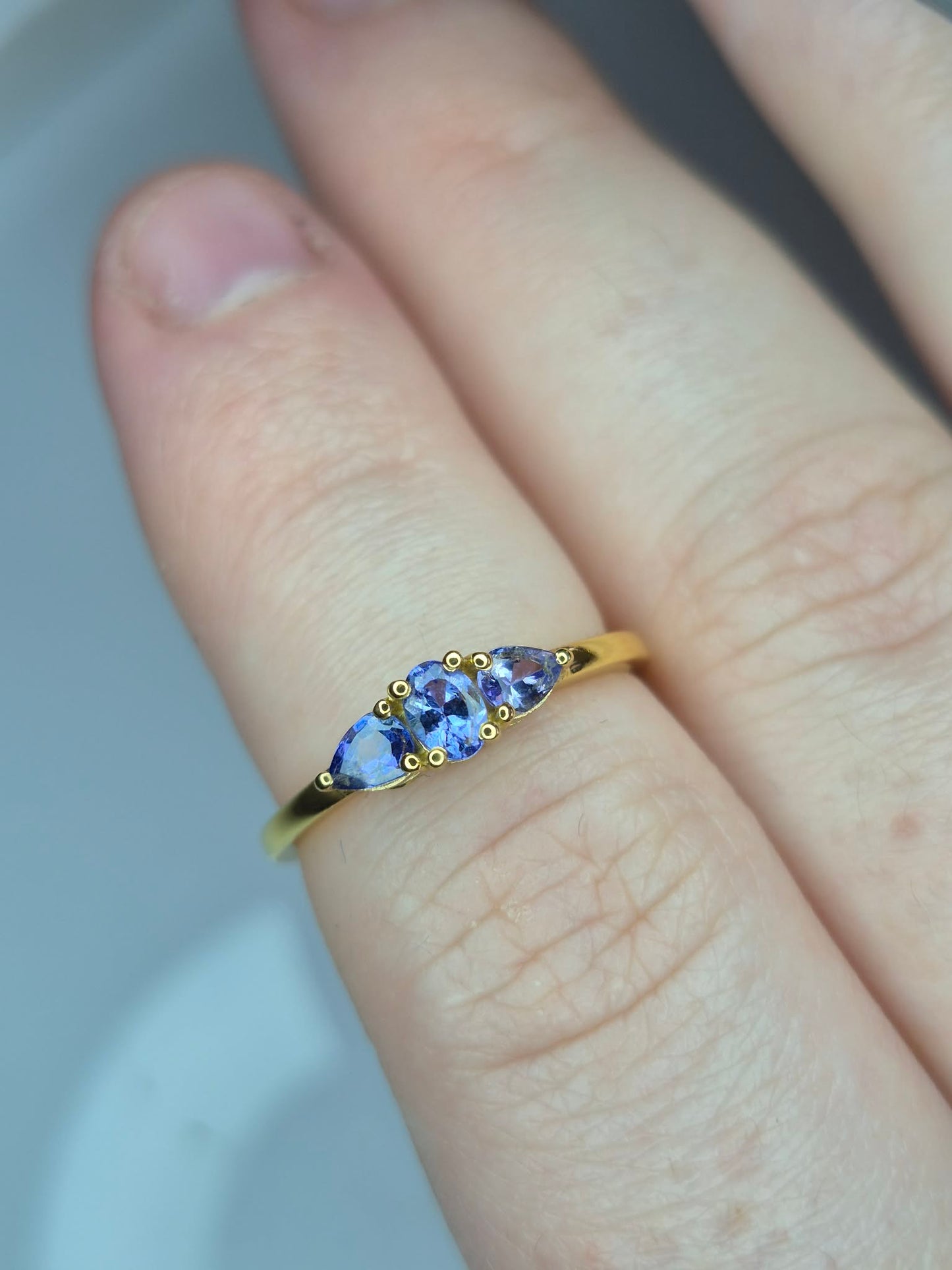 Tanzanite Trilogy Ring in Yellow Gold 925 Sterling Silver SIZE M