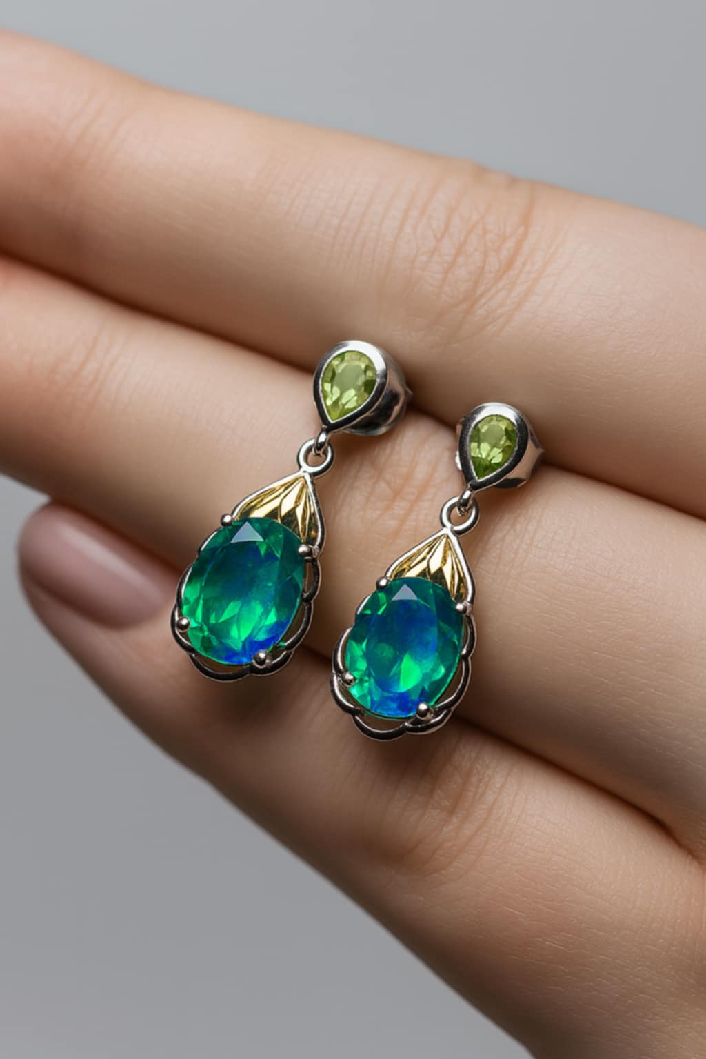 3.26ct Peacock Triplet Quartz & Peridot Dangling Earrings 925 Sterling Silver