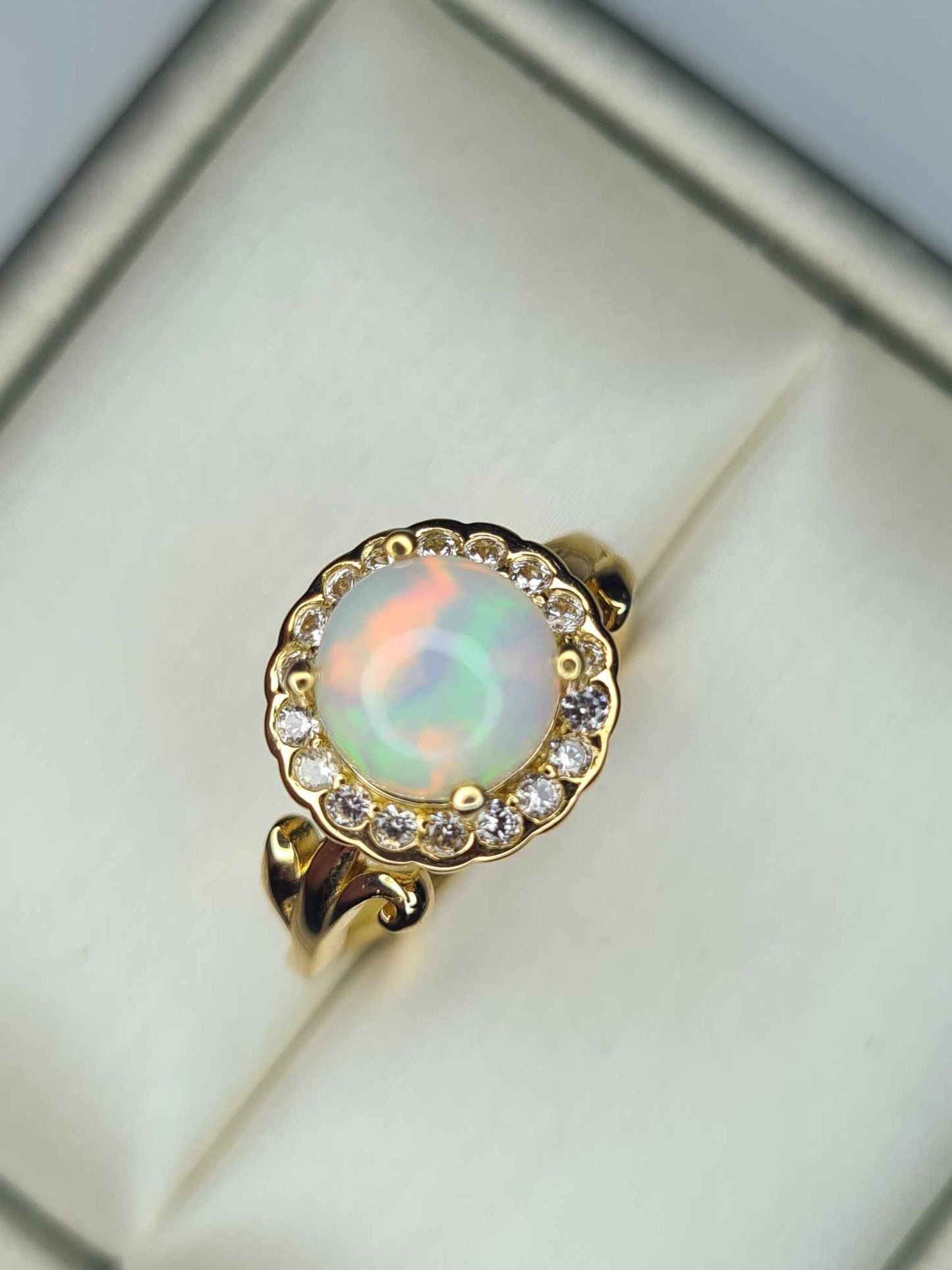 1.68ct Ethiopian Welo Opal, Natural Zircon Halo Ring in 18K Yellow Gold Overlay 925 Sterling Silver SIZE L