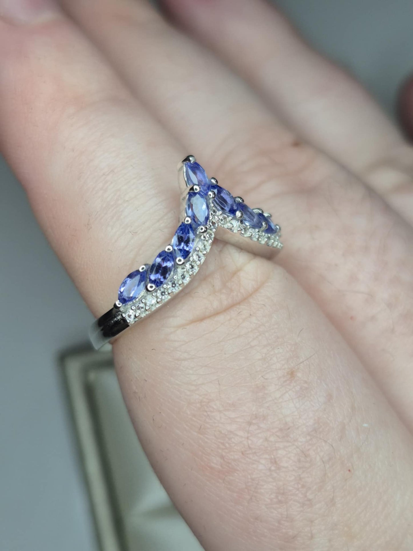 1.17ct Tanzanite and White Zircon Wishbone Ring in Rhodium Overlay 925 Sterling Silver