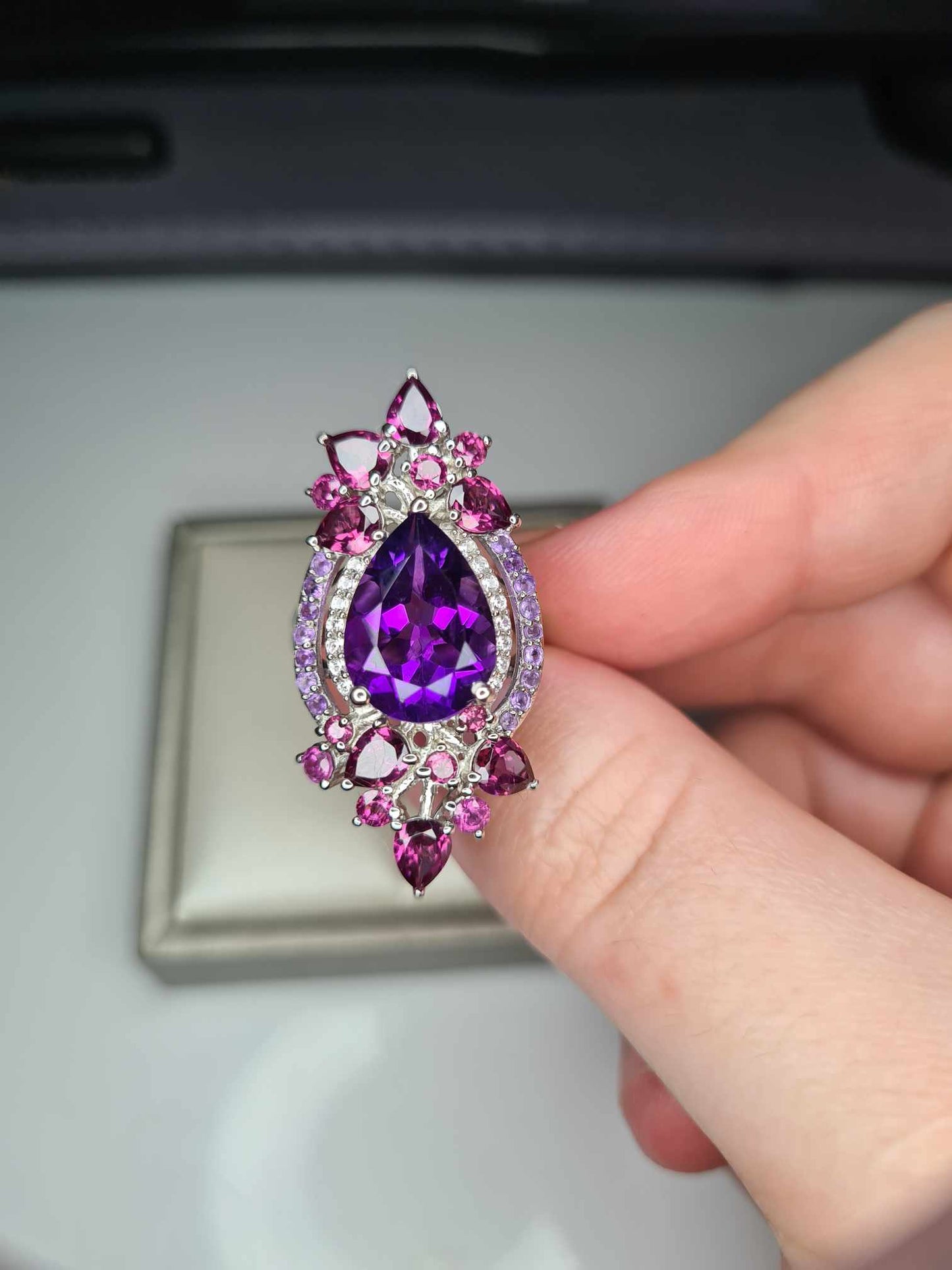 8.57ct Amethyst, Rhodolite Garnet and Natural Zircon Floral Ring in Platinum Overlay 925 Sterling Silver