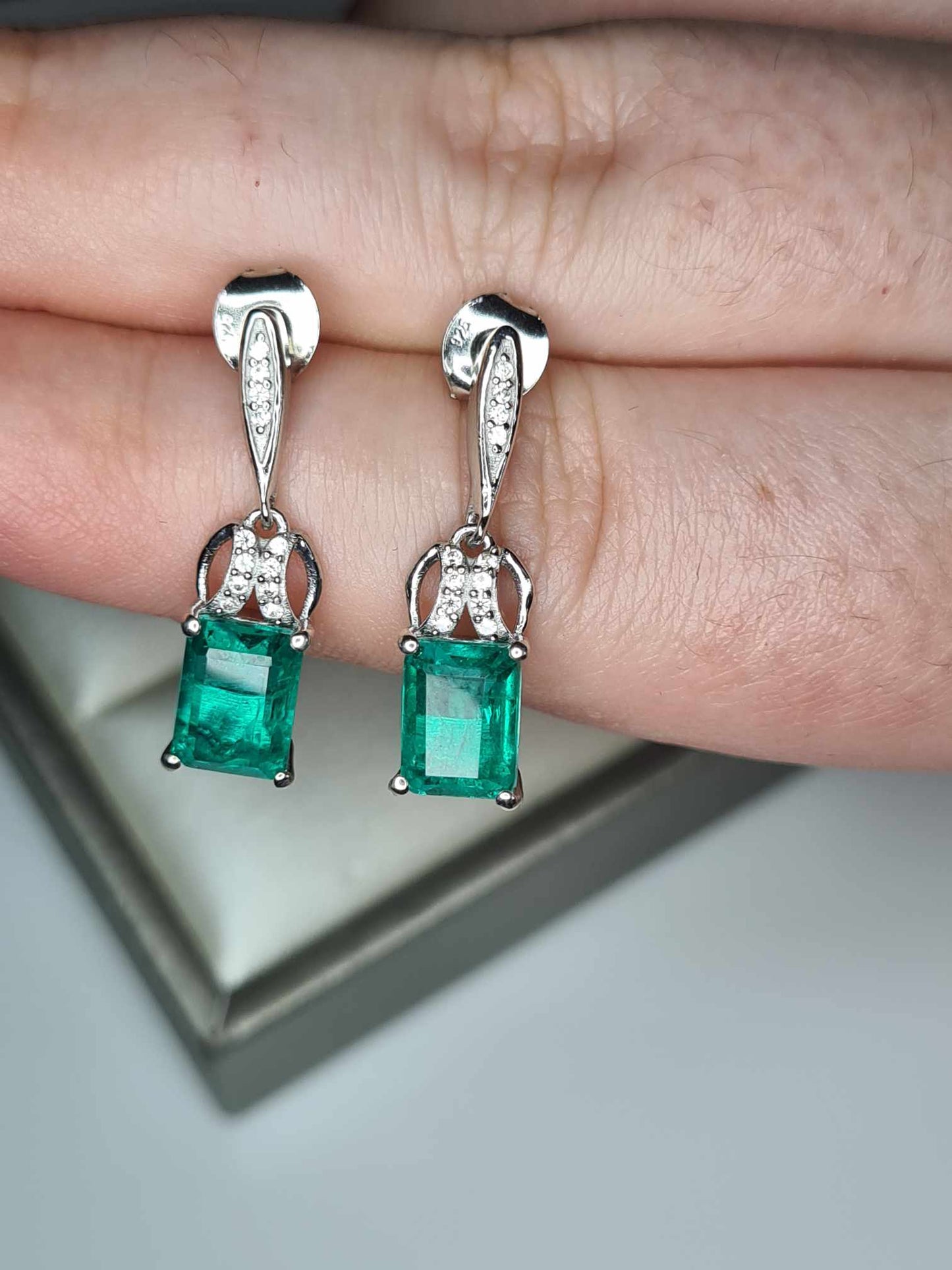 5ct Emeraldine Quartz & Zircon Dangle Earrings in Rhodium Overlay 925 Sterling Silver