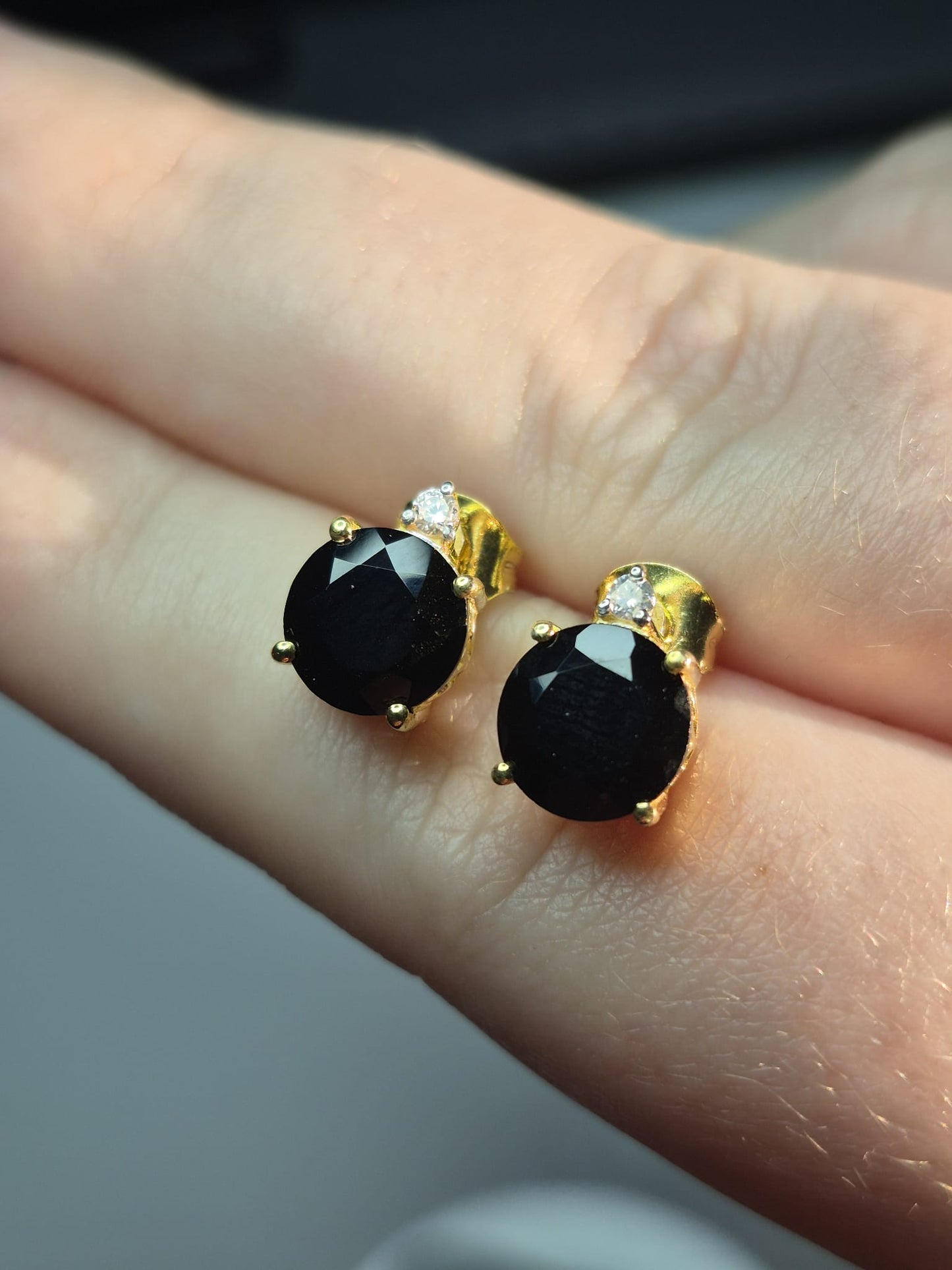 4.65 Ct. Natural Thai Black Spinel & White Zircon Solitaire Stud Earrings 18k Gold 925 Sterling Silver