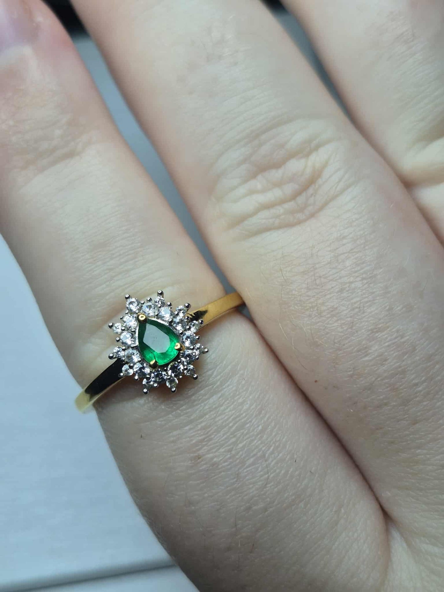 Colombian Emerald &amp; White Zircon Halo Ring in 18K Gold Overlay 925 Sterling Silver SIZE R