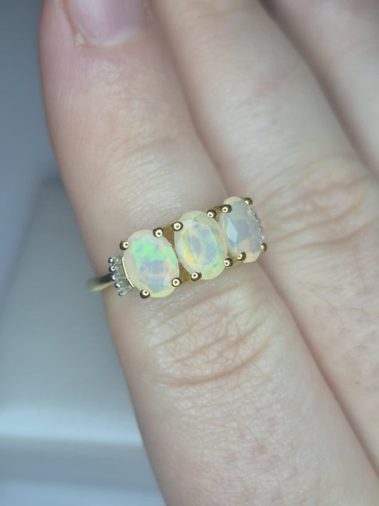 1.58 Ethiopian Opal, White Diamond Ring in 18K Gold Overlay 925 Sterling Silver SIZE L
