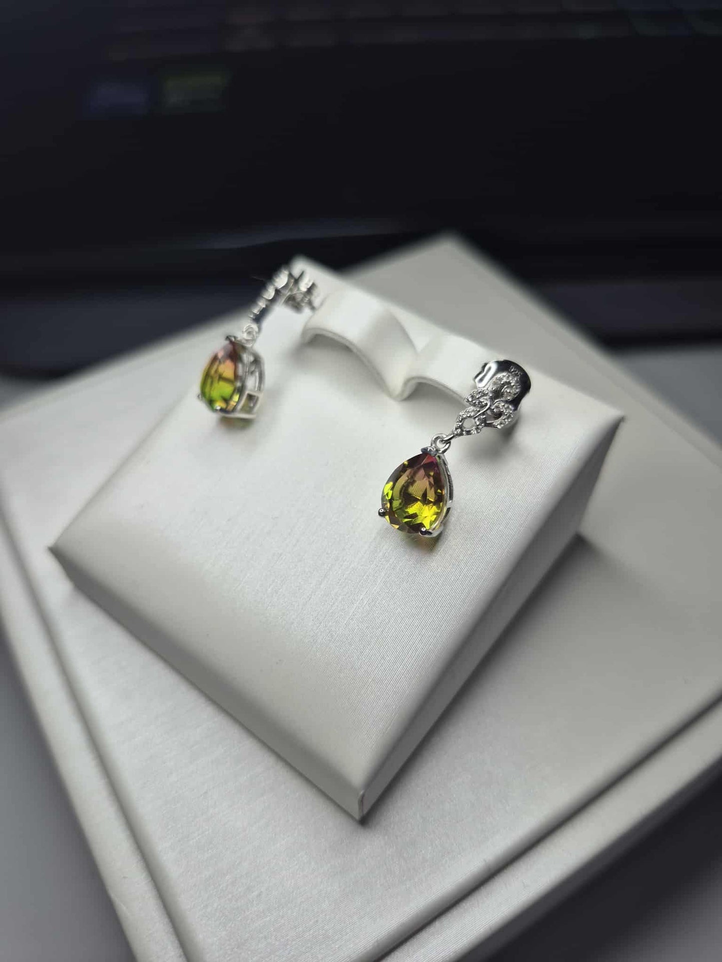 Rainbow Genesis Quartz, White Zircon Dangle Earrings in 925 Sterling Silver