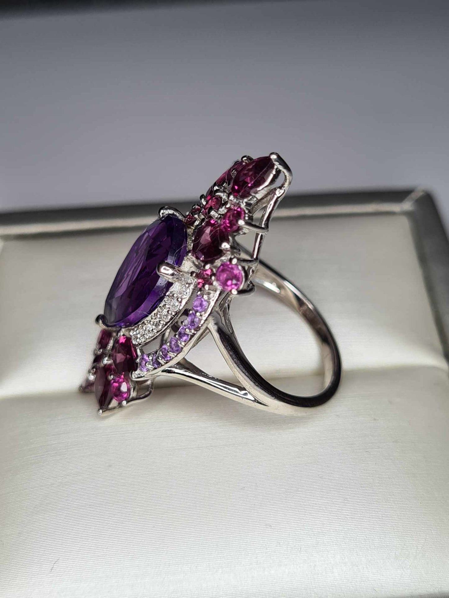 8.57ct Amethyst, Rhodolite Garnet and Natural Zircon Floral Ring in Platinum Overlay 925 Sterling Silver