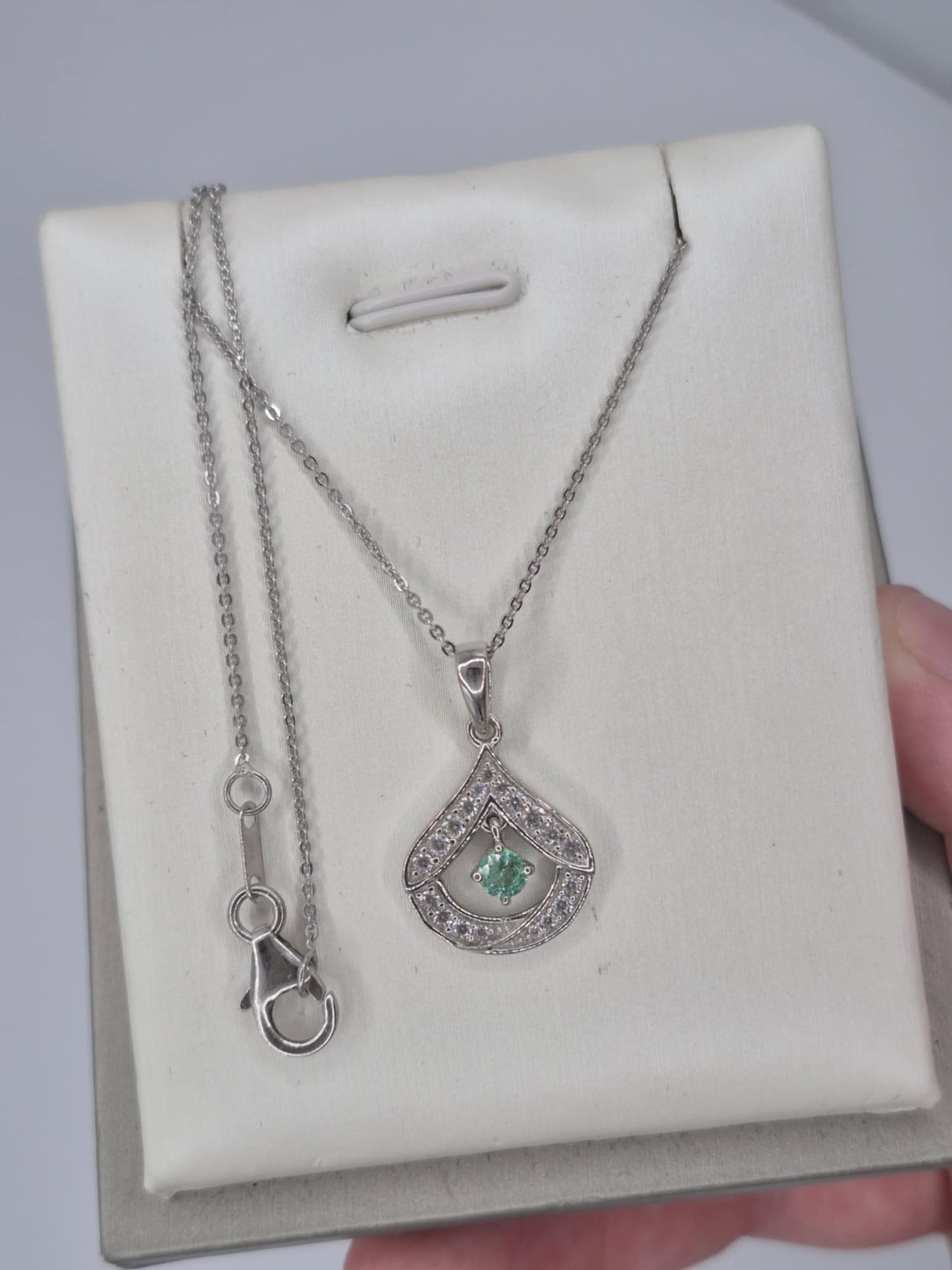 Colombian Emerald, White Zircon Necklace In Rhodium Overlay 925 Sterling Silver