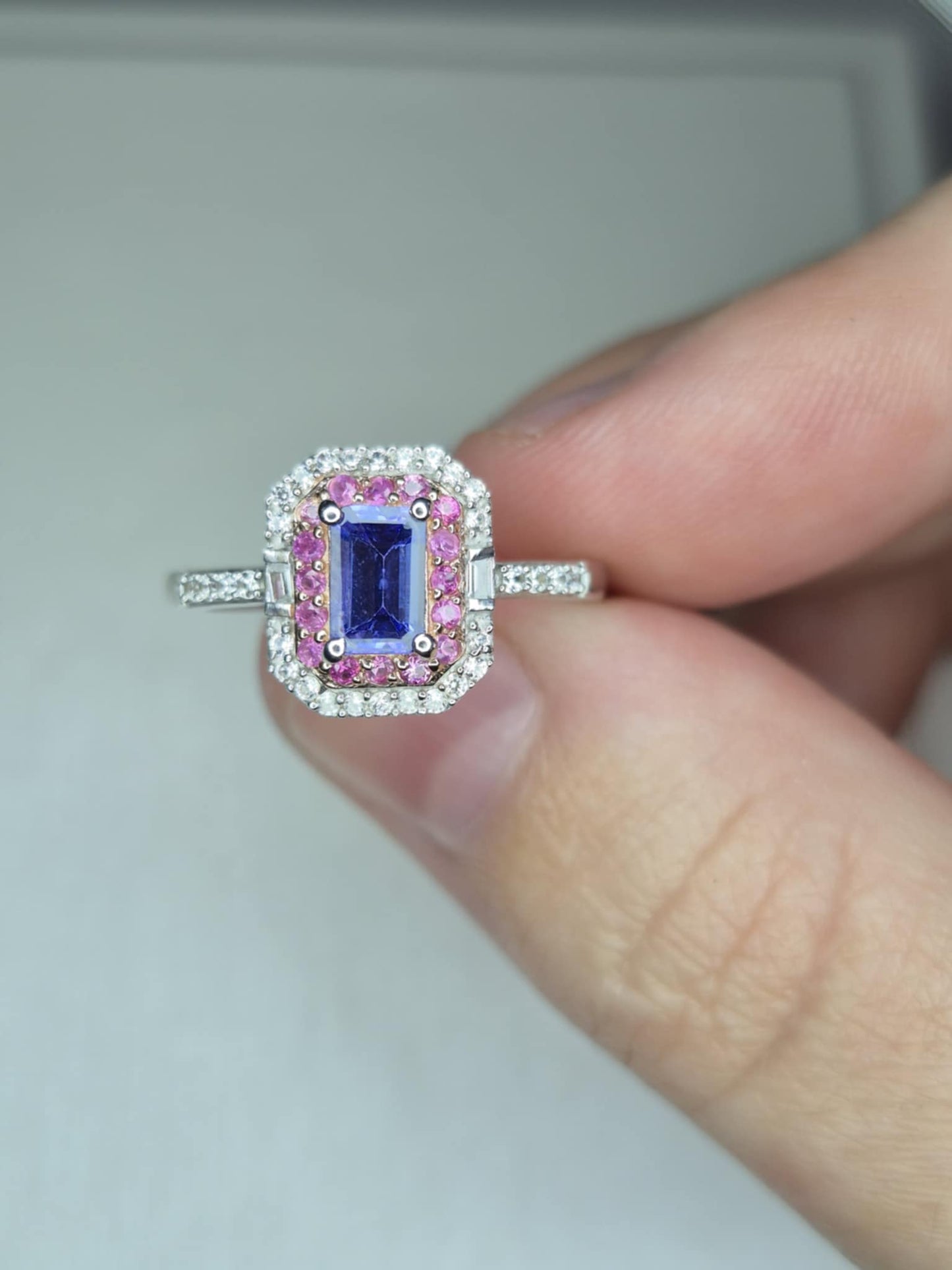 Tanzanite & Pink Sapphire Halo Ring in 18K Rose Gold Overlay 925 Sterling Silver