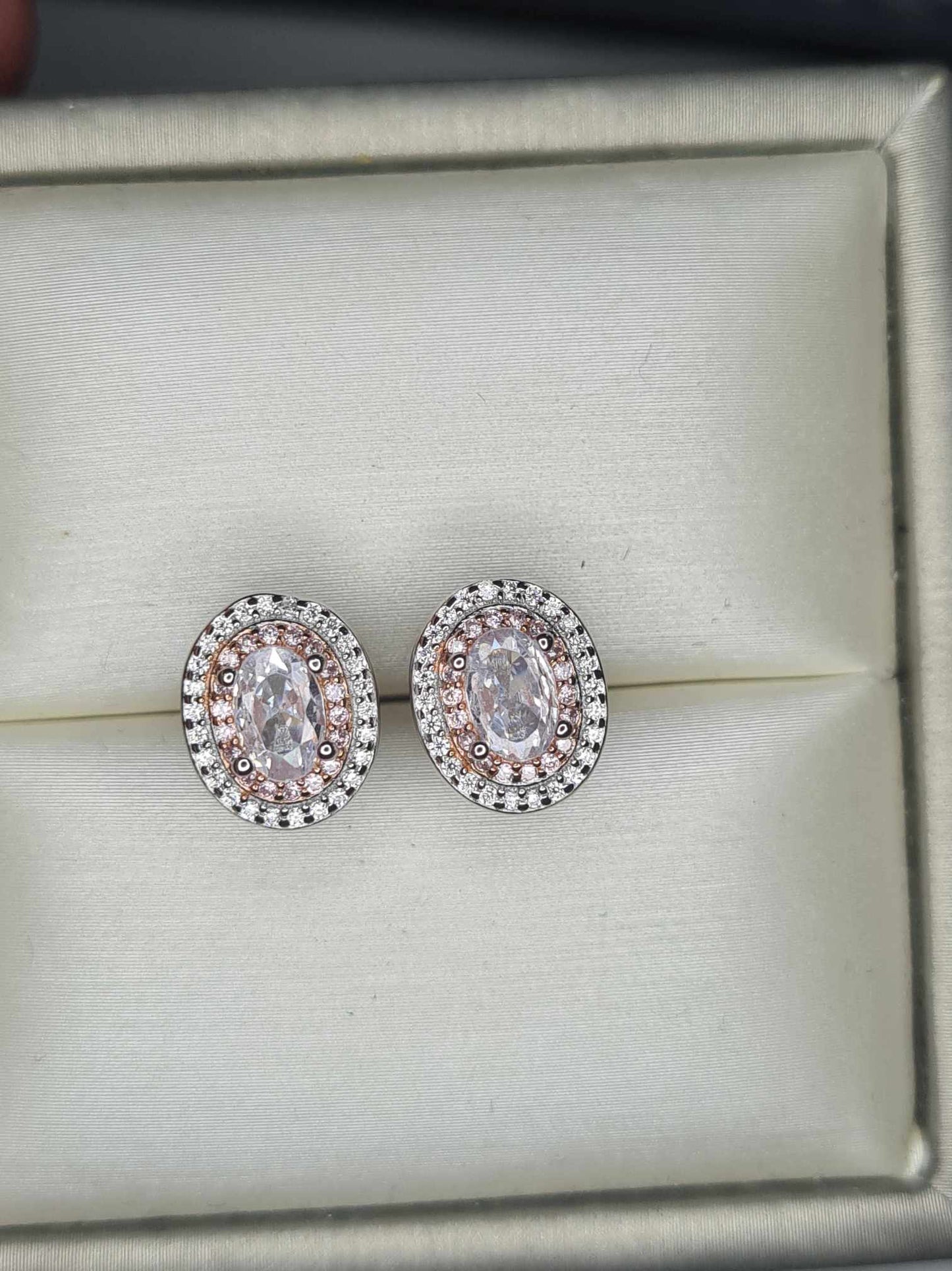 2ct White & Pink Zirconia Double Halo Stud Earrings 925 Sterling Silver