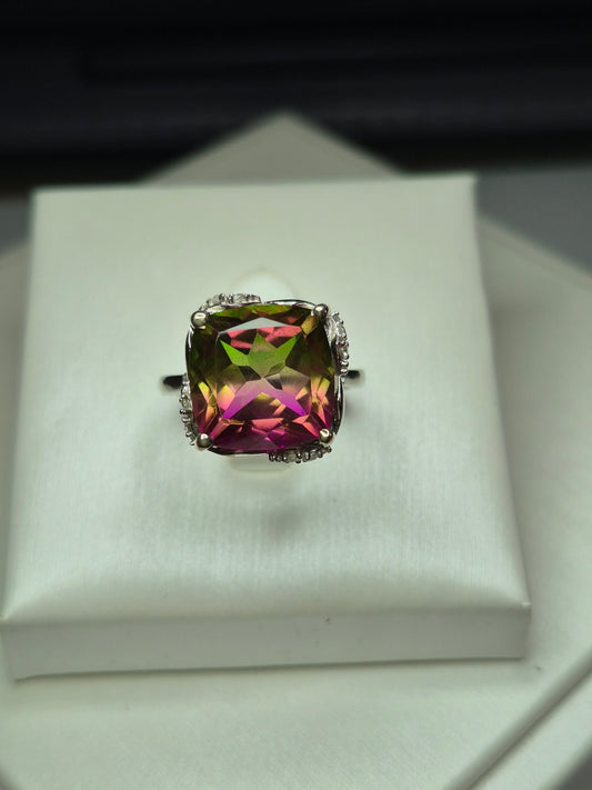 9ct Watermelon Quartz &amp; White Zircon Solitaire Ring in 925 Sterling Silver
