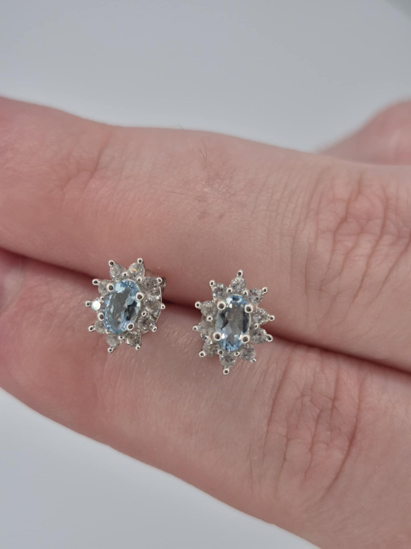 0.614ct. Santamaria Aquamarine & Natural Zircon Stud Earrings in Rhodium Overlay 925 Sterling Silver