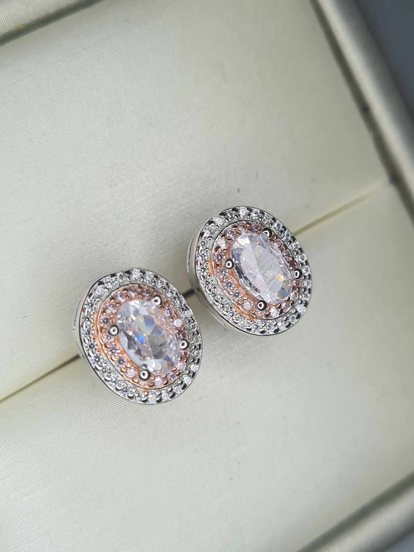 2ct White & Pink Zirconia Double Halo Stud Earrings 925 Sterling Silver