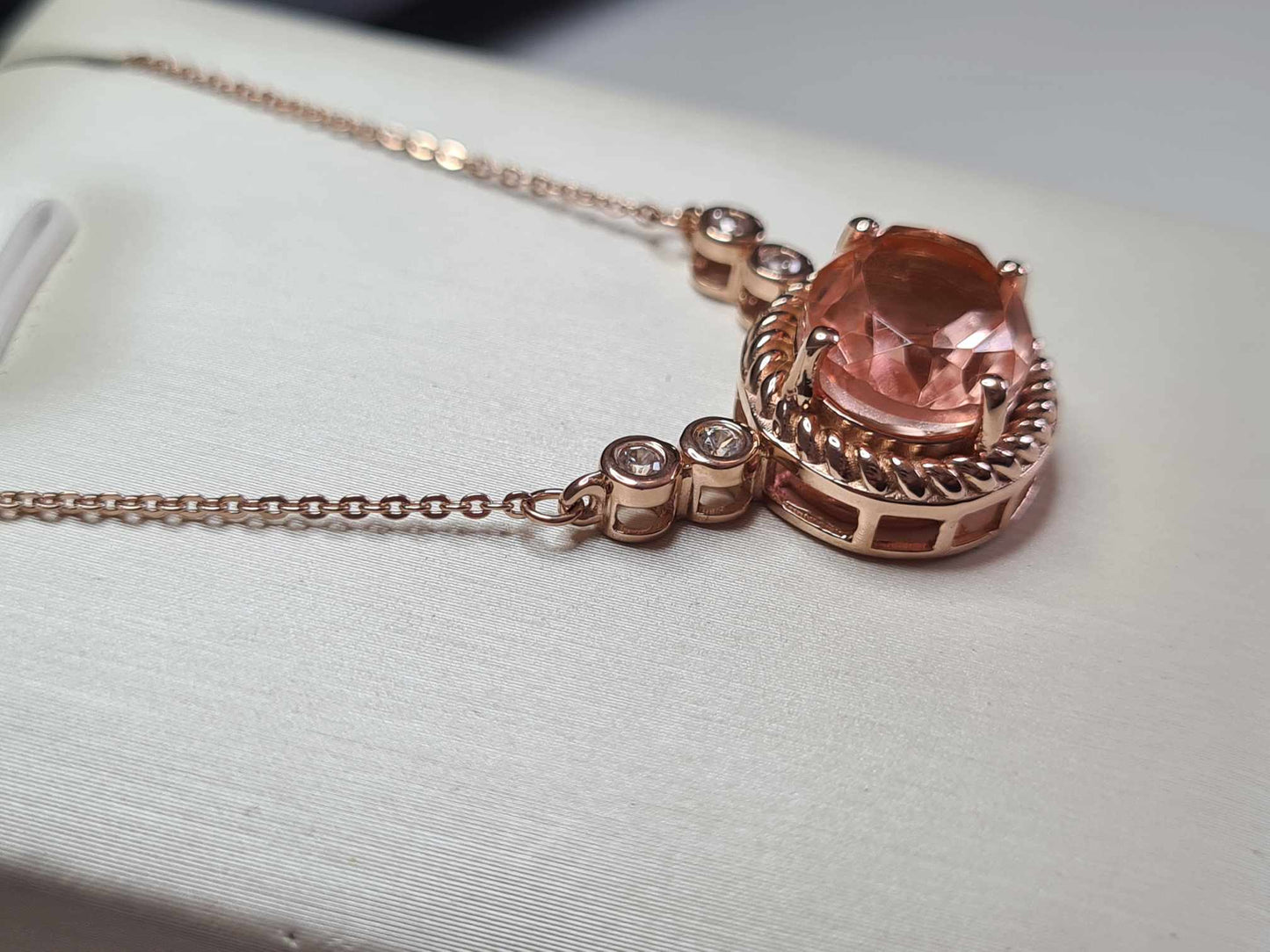 5.34ct Morganite Colour Quartz & Natural Zircon Necklace 18K Rose Gold Overlay 925 Sterling Silver