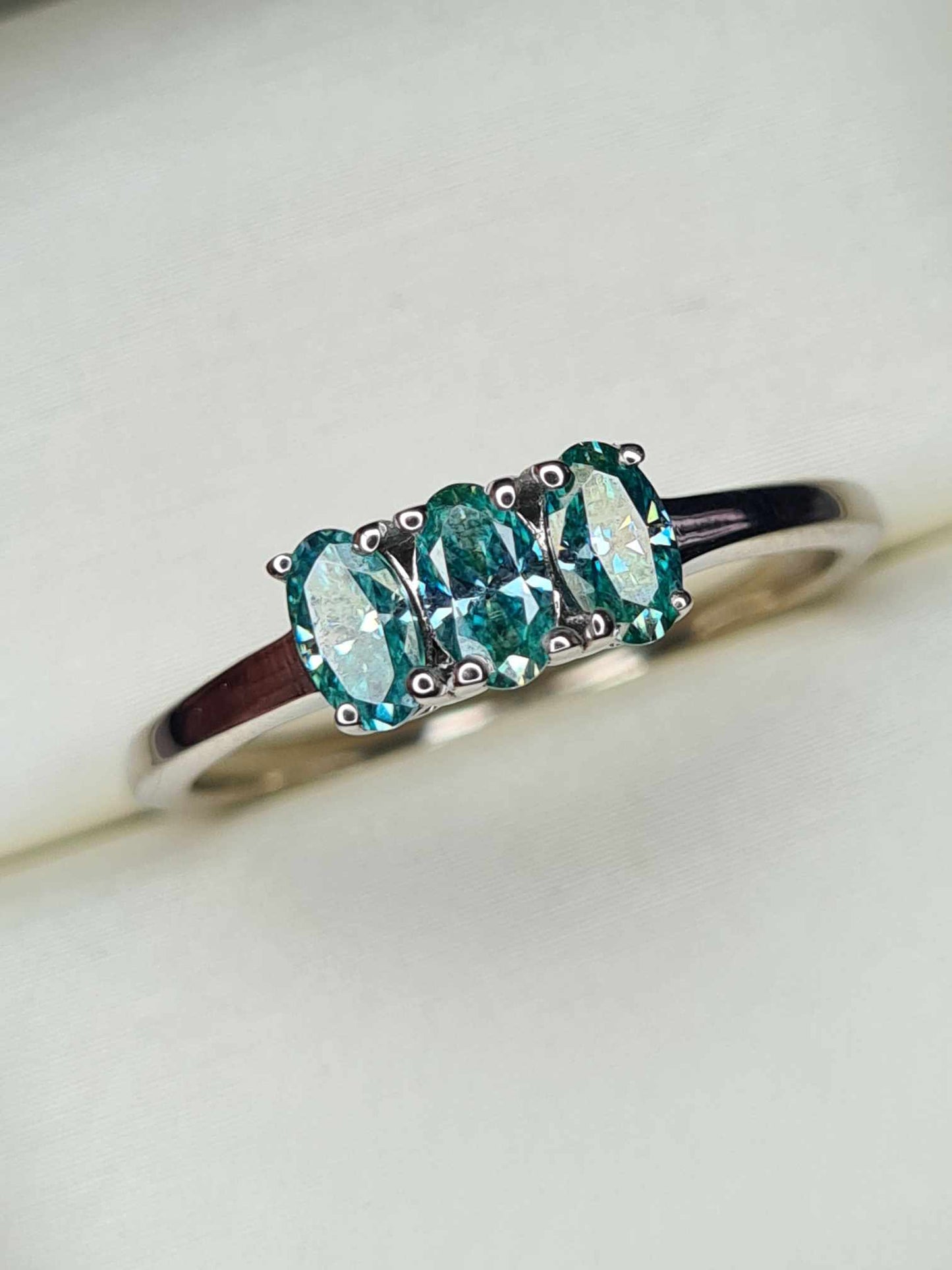 0.678ct Teal Blue Moissanite Trilogy Ring in Platinum Overlay 925 Sterling Silver