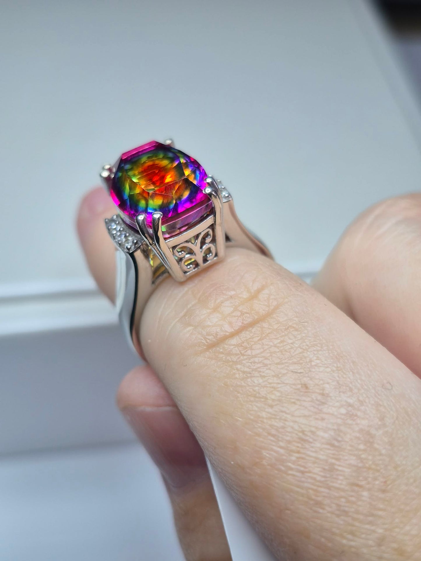8ct Nebula Quartz Doublet & White Zircon Ring in Rhodium Overlay Sterling Silver SIZE L