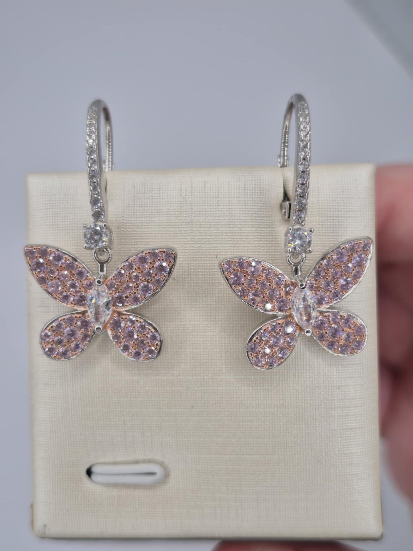 Pink & White Cubic Zirconia Butterfly Earrings in Rhodium Overlay 925 Sterling Silver