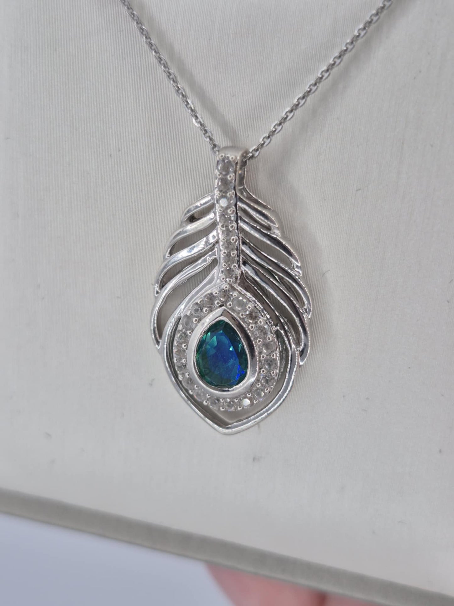 Peacock Triplet Quartz, White Zircon Feather Necklace in Rhodium Overlay 925 Sterling Silver