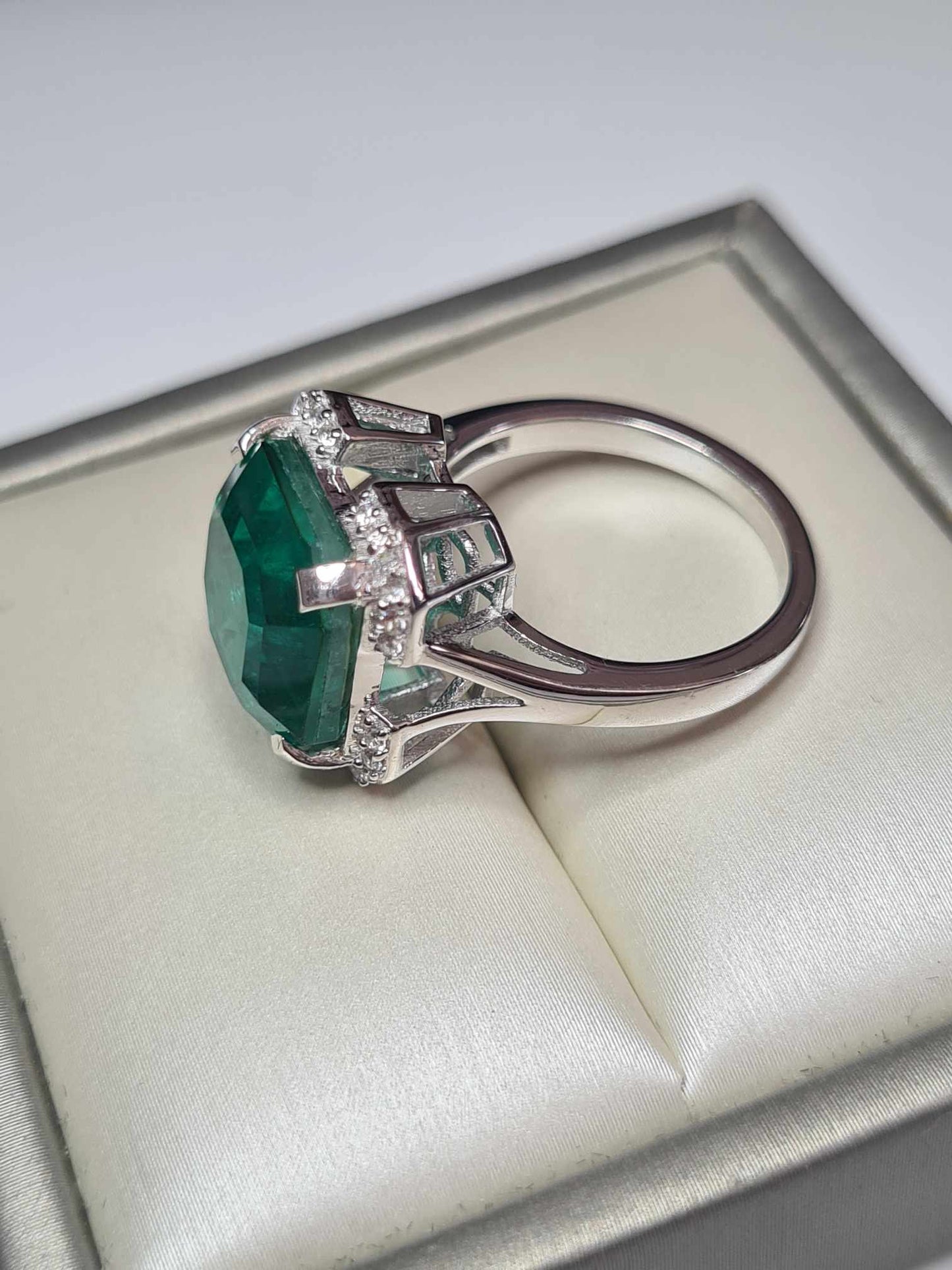 8.588ct Emeraldine Triplet Quartz, White Zircon Ring 925 Sterling Silver SIZE M