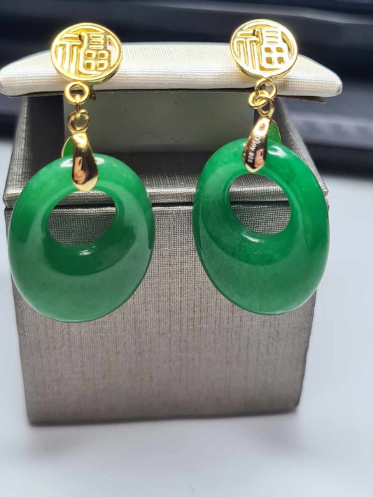 50.00 Ct. Green Jadeite Jade Earrings in 9K Yellow Gold Overlay 925 Sterling Silver