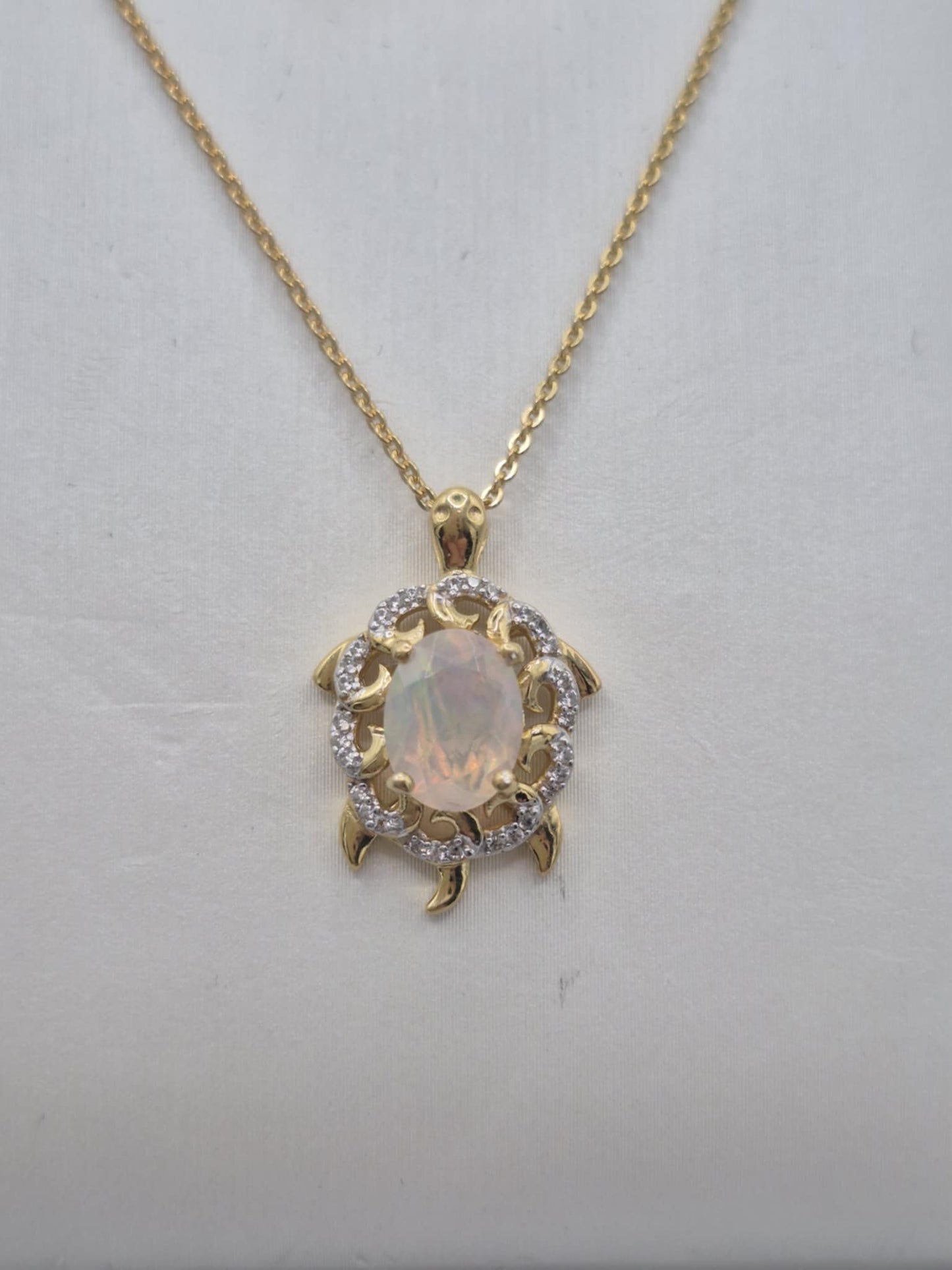 1.38ct Ethiopian Opal, White Zircon Turtle Necklace 18K Gold Overlay 925 Sterling Silver