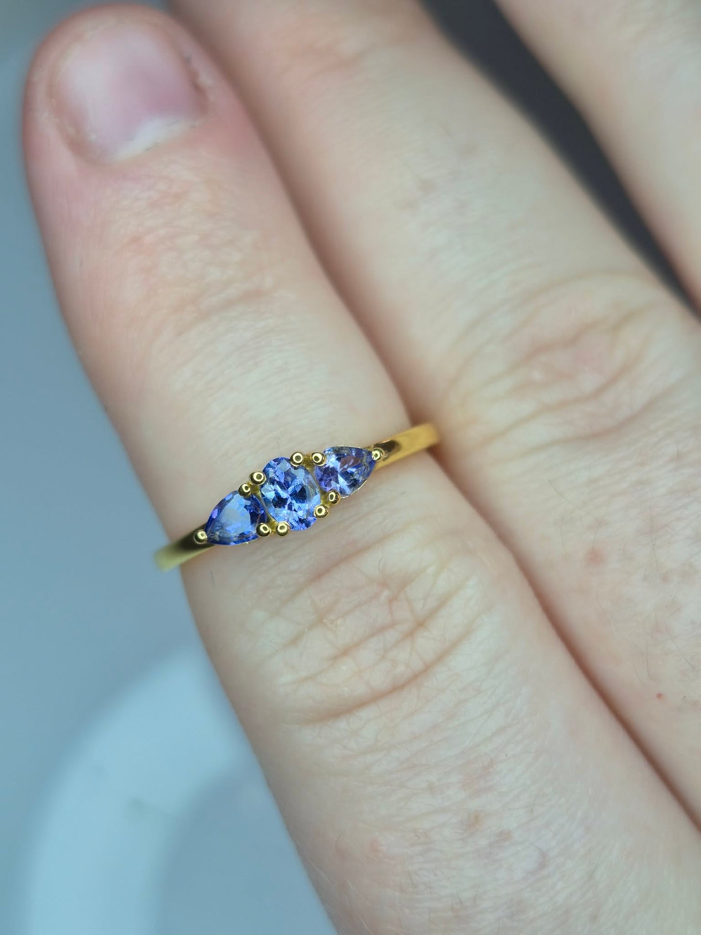 Tanzanite Trilogy Ring in Yellow Gold 925 Sterling Silver SIZE M