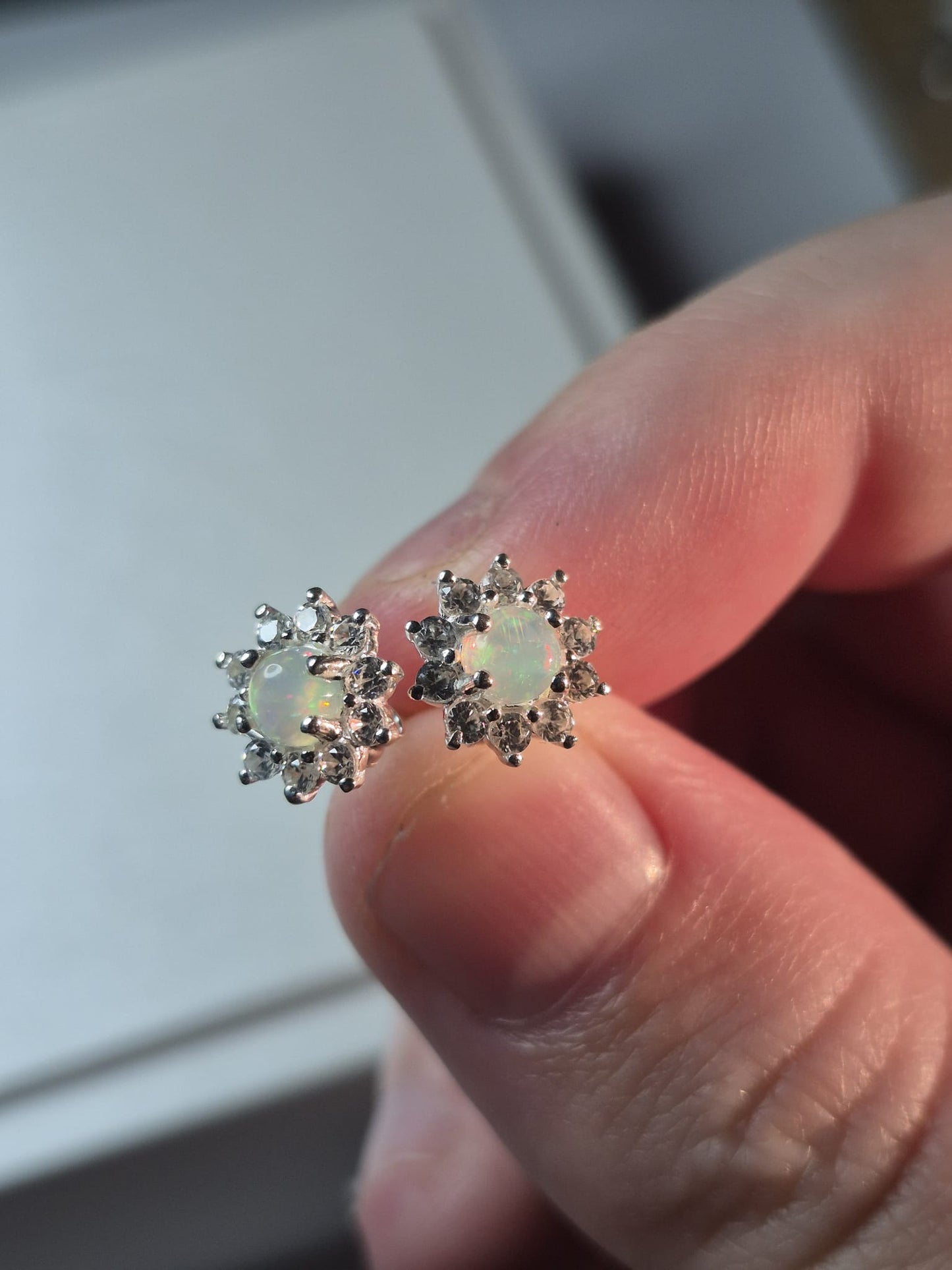 Ethiopian Opal & White Zircon Halo Earrings 925 Sterling Silver