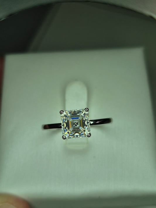 2ct Asscher Cut Solitaire Moissanite Ring in 925 Sterling Silver SIZE O