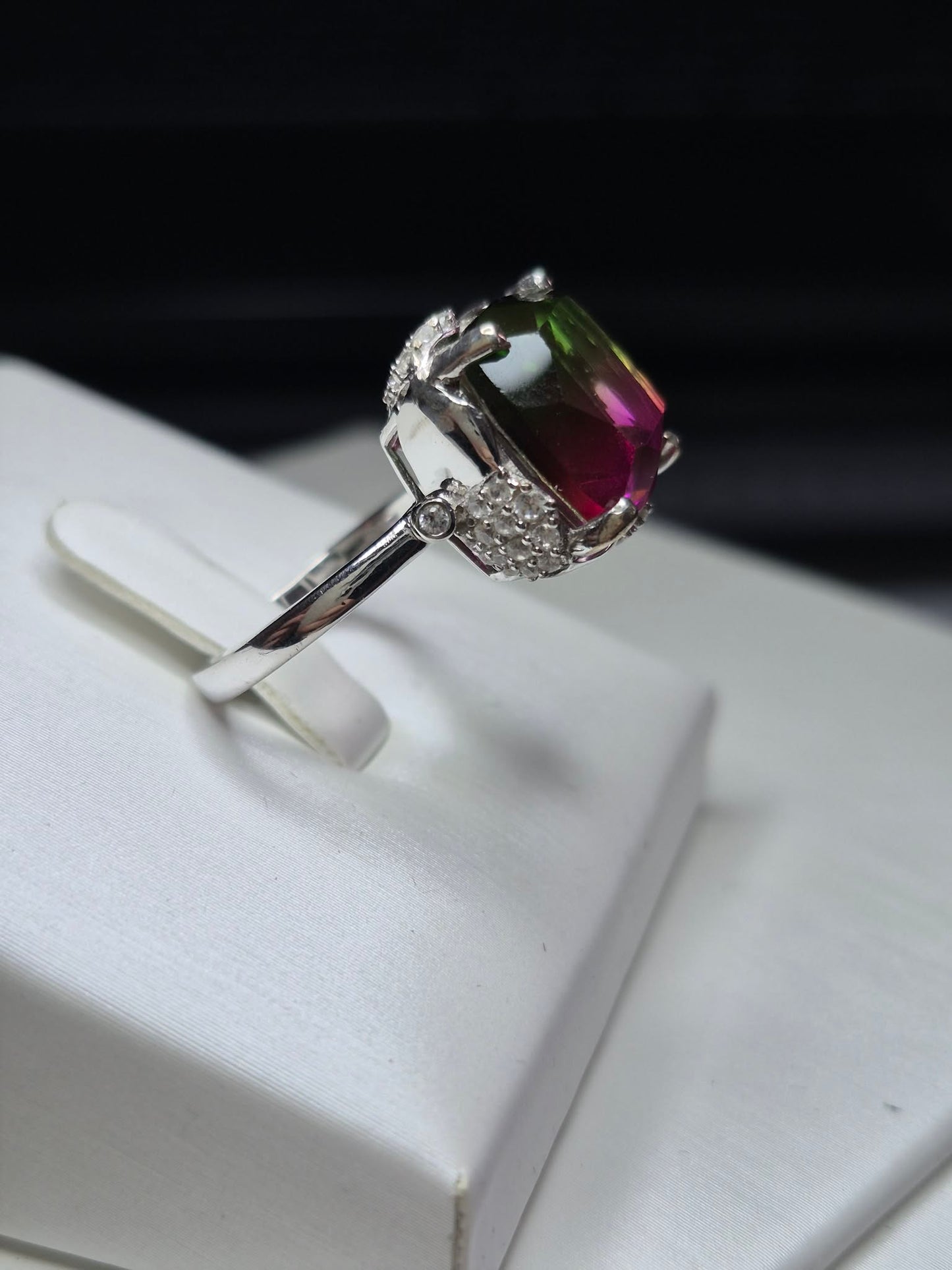9ct Watermelon Quartz &amp; White Zircon Solitaire Ring in 925 Sterling Silver