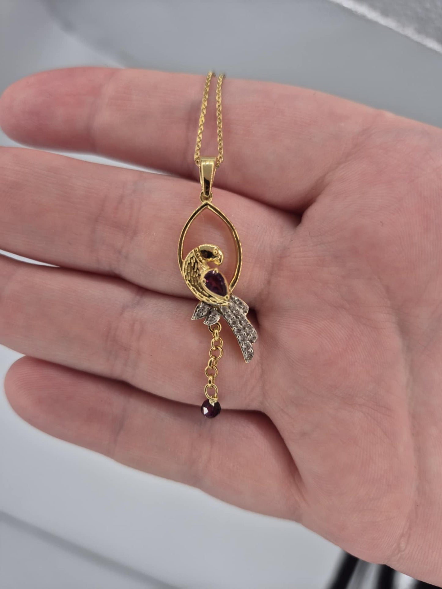 0.910ct. Rhodolite Garnet, White Zircon, Blue Sapphire Bird Necklace in 18K Gold Overlay 925 Sterling Silver