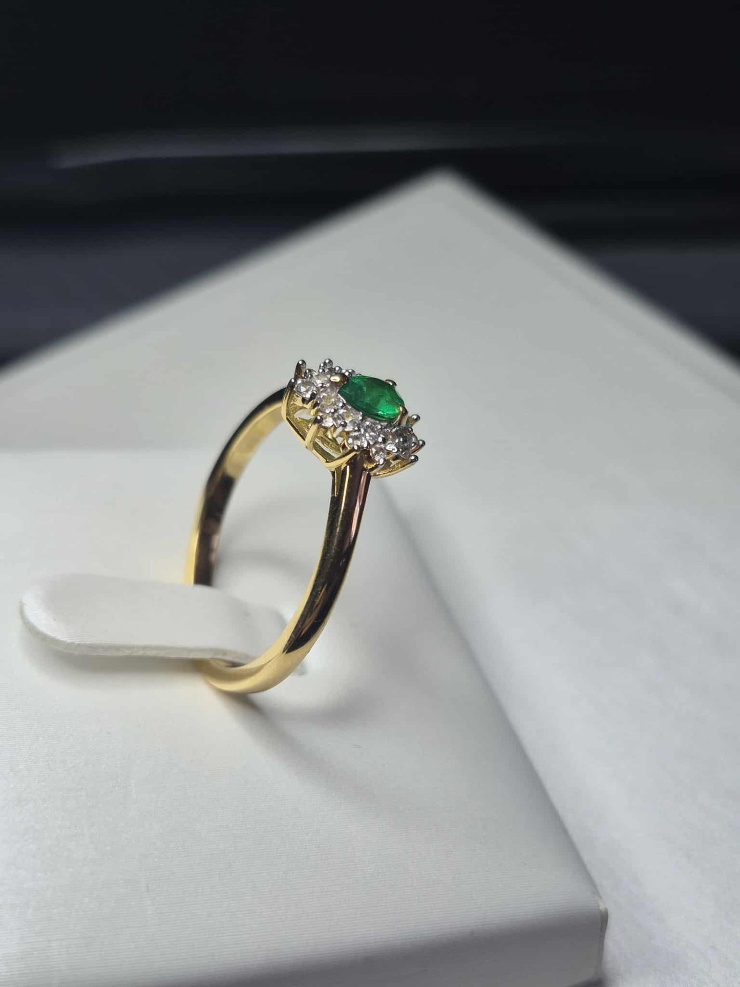Colombian Emerald &amp; White Zircon Halo Ring in 18K Gold Overlay 925 Sterling Silver SIZE R