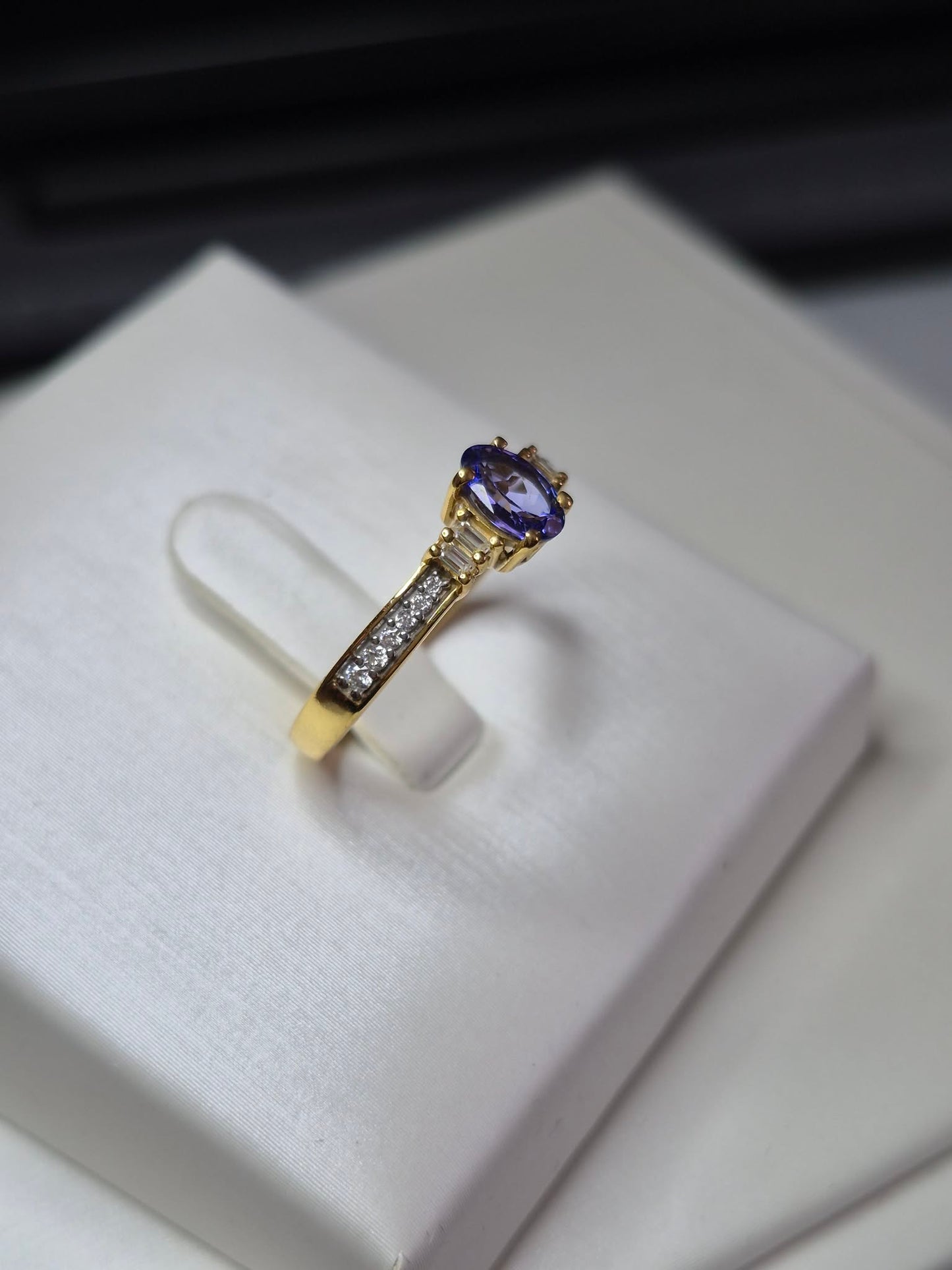 Natural Tanzanite & Moissanite Ring in 18k gold overlay 925 Sterling Silver SIZE M