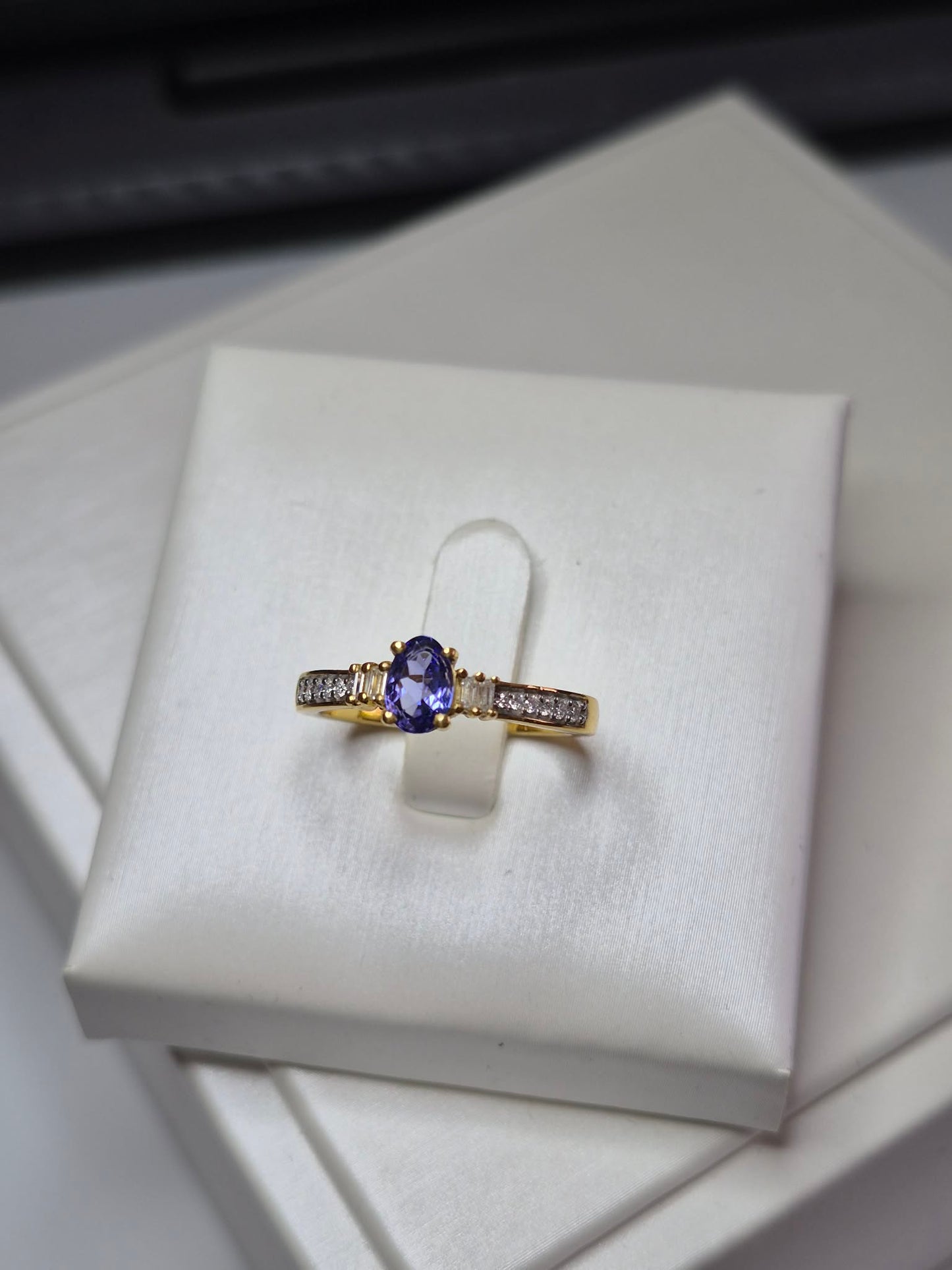 Natural Tanzanite & Moissanite Ring in 18k gold overlay 925 Sterling Silver SIZE M