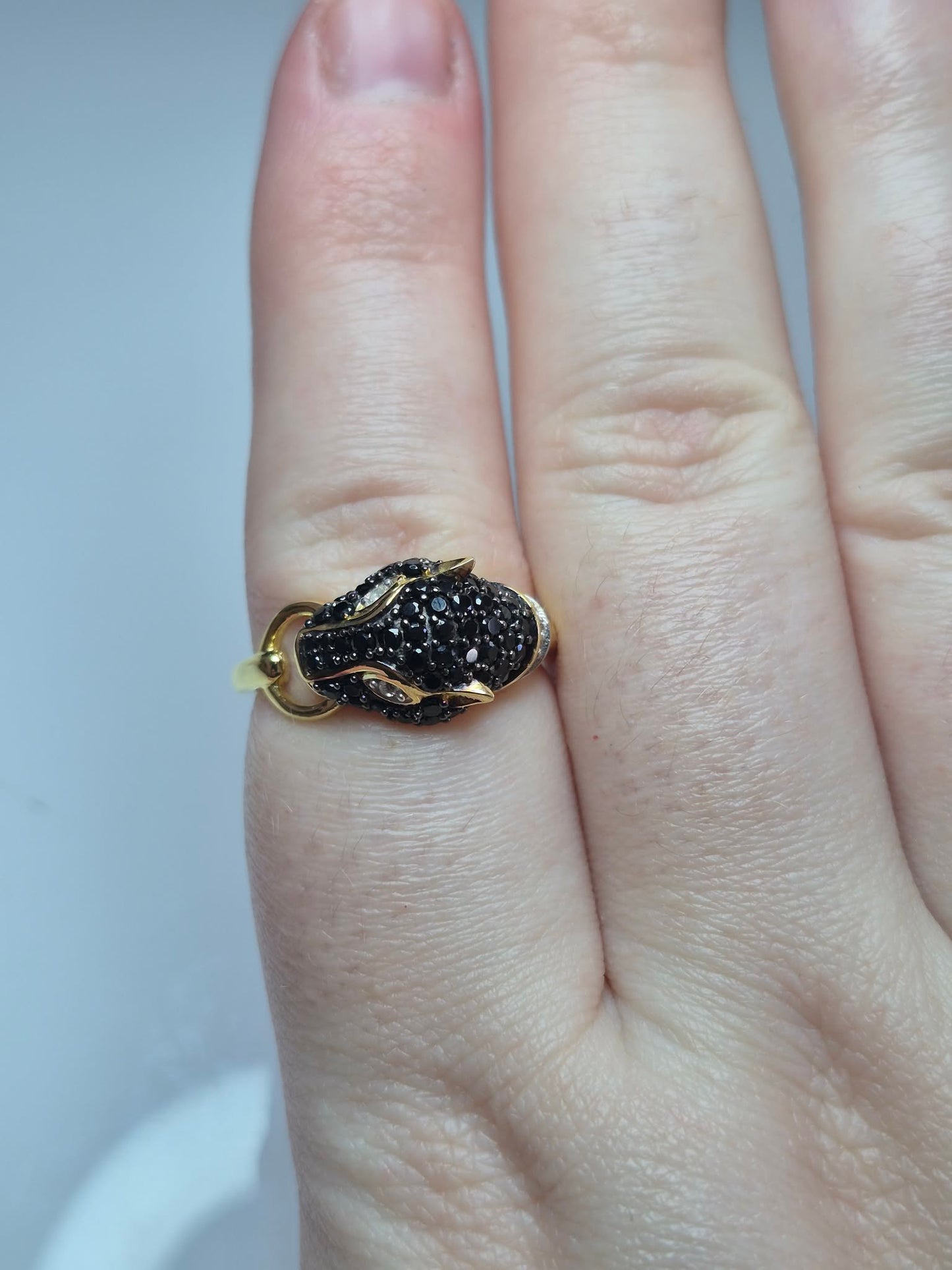 1.16ct Black Spinel &amp; White Zircon Panther Ring in 18K 925 Sterling Silver SZIES R, S