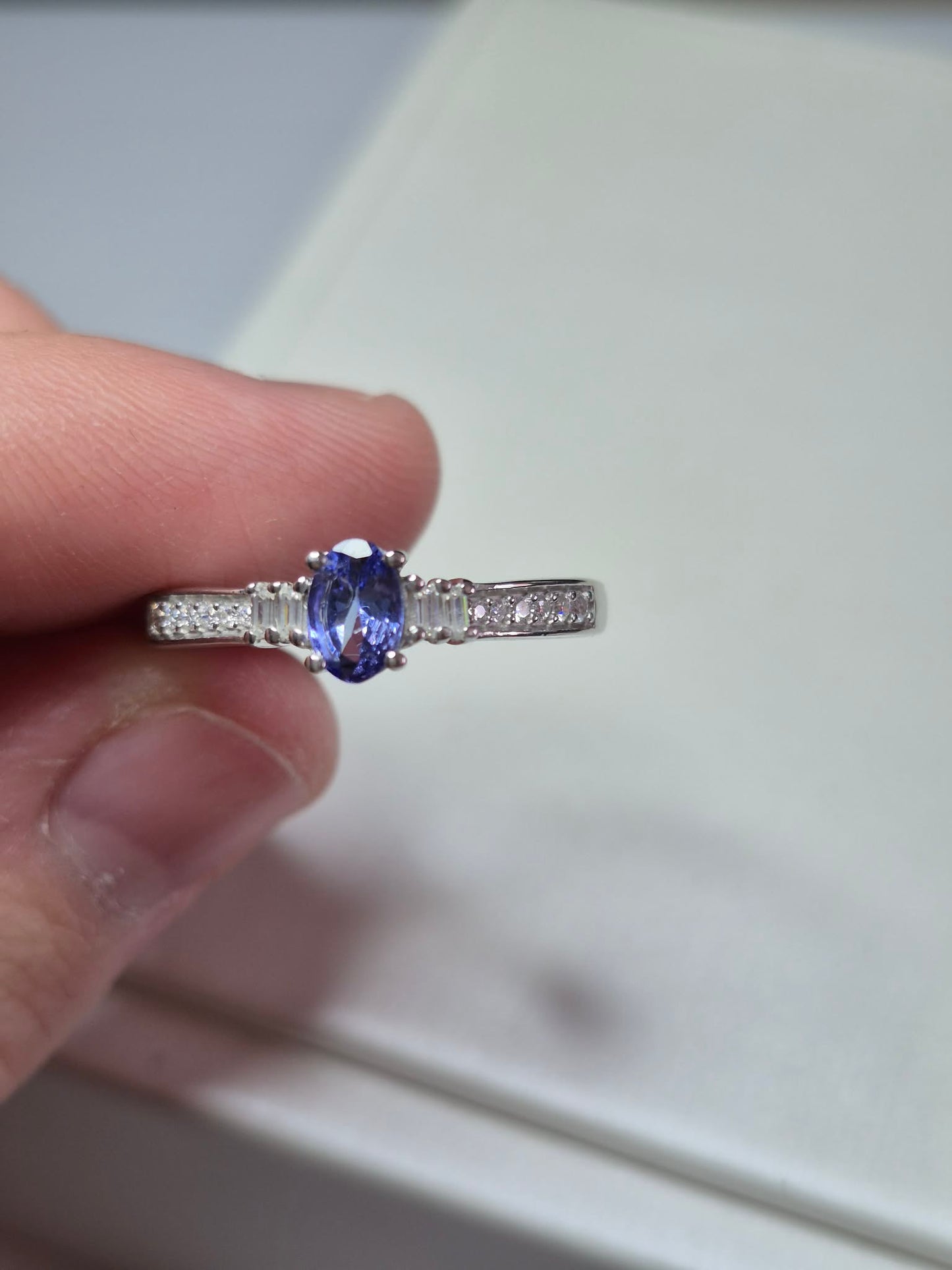 Natural Tanzanite & Moissanite Ring in Platinum Overlay 925 Sterling Silver SIZE P