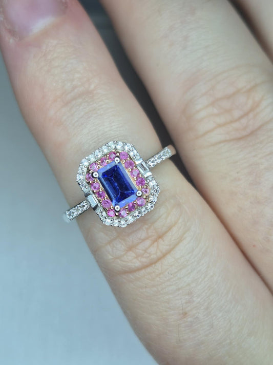Tanzanite & Pink Sapphire Halo Ring in 18K Rose Gold Overlay 925 Sterling Silver