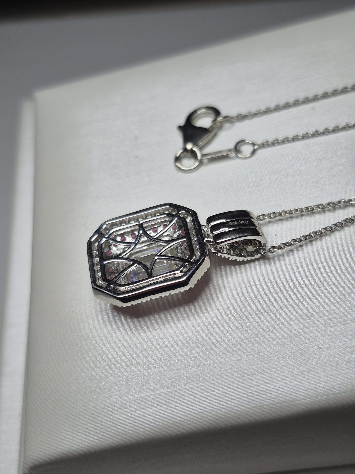 Moissanite & Pink Sapphire Necklace Rhodium Overlay 925 Sterling Silver