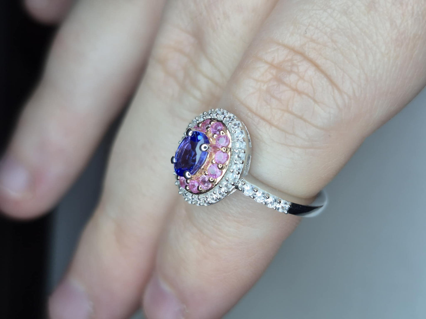 Tanzanite & Pink Sapphire Halo Ring in 925 Sterling Silver SIZE L