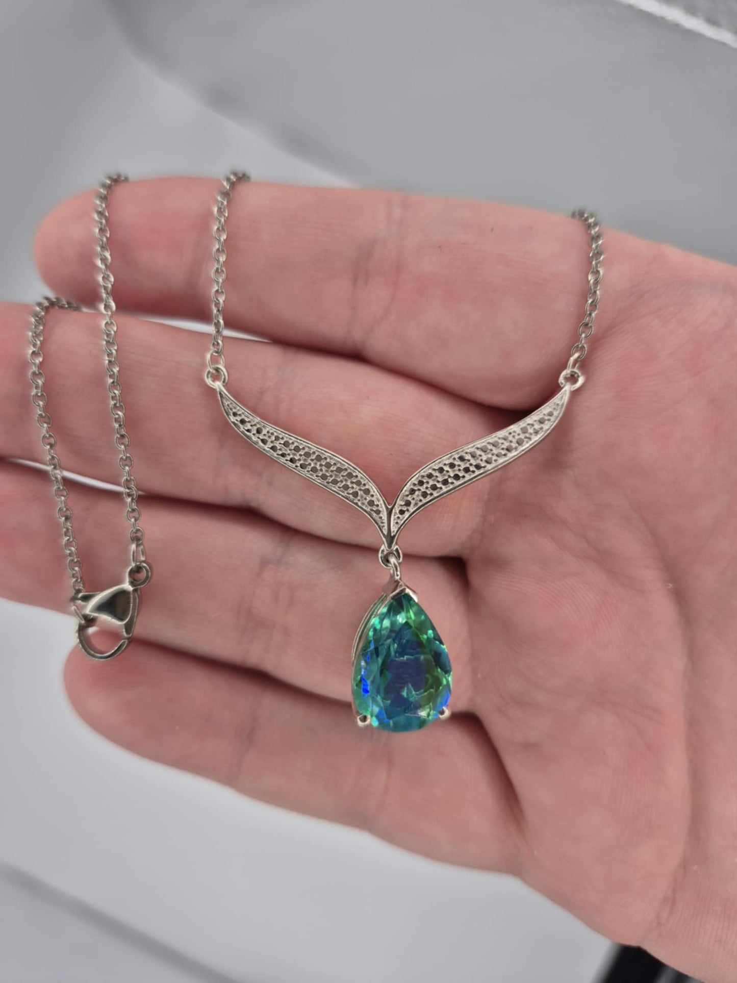 5.78ct Peacock Triplet Quartz Angel Wing Necklace in Platinum Overlay 925 Sterling Silver