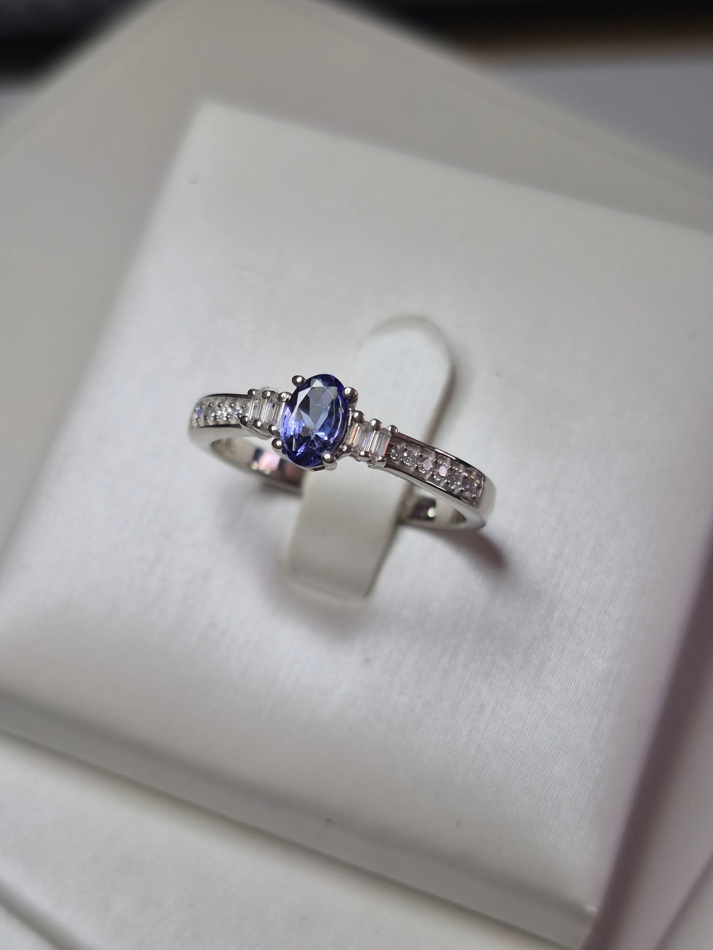 Natural Tanzanite & Moissanite Ring in Platinum Overlay 925 Sterling Silver SIZE P