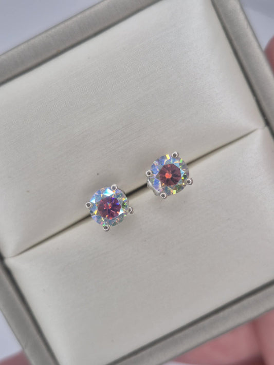 1.50ct Dichroic Luminous Moissanite Solitaire Stud Earrings in Rhodium Overlay 925 Sterling Silver