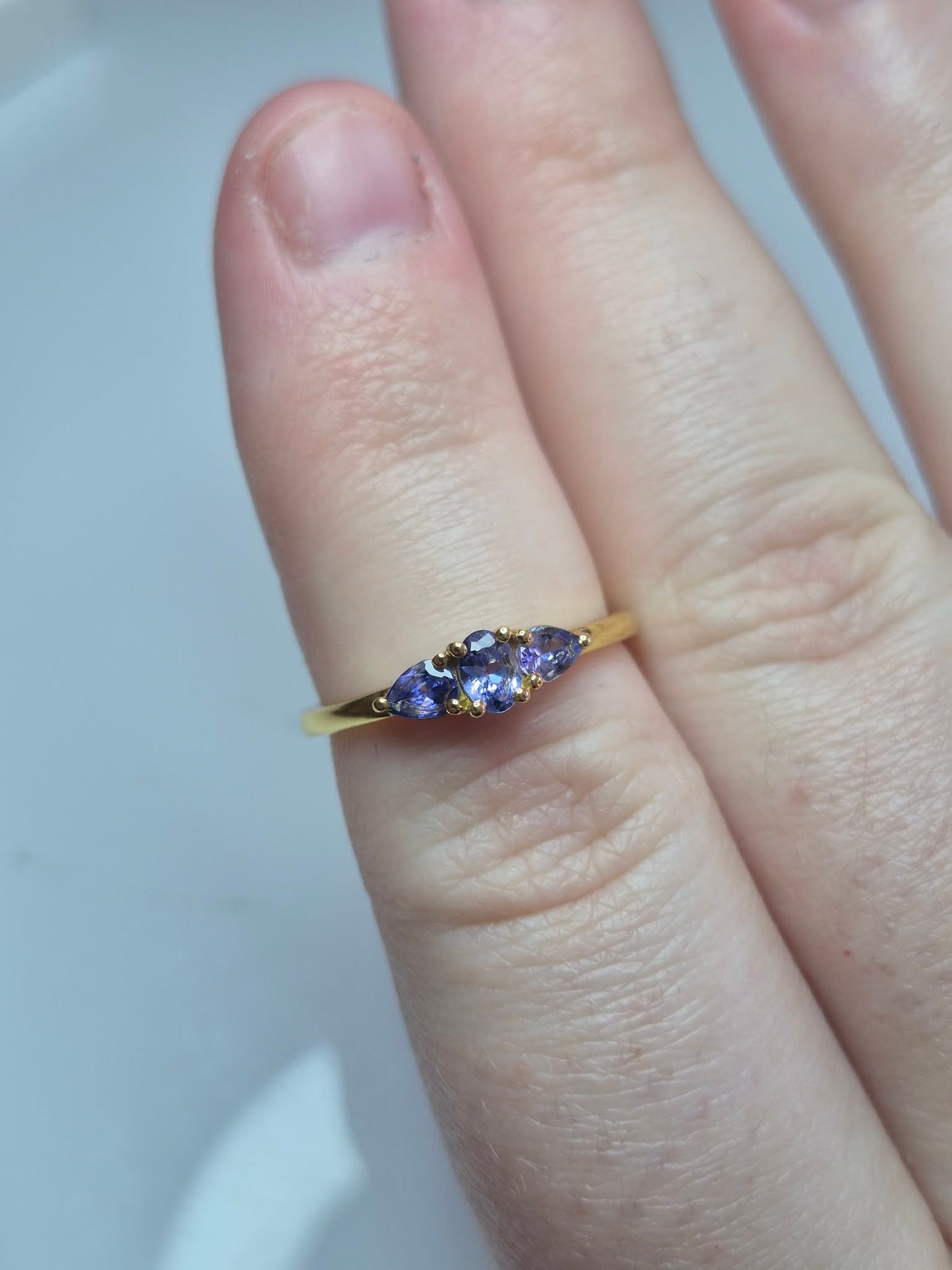 Tanzanite Trilogy Ring in Yellow Gold 925 Sterling Silver SIZE M