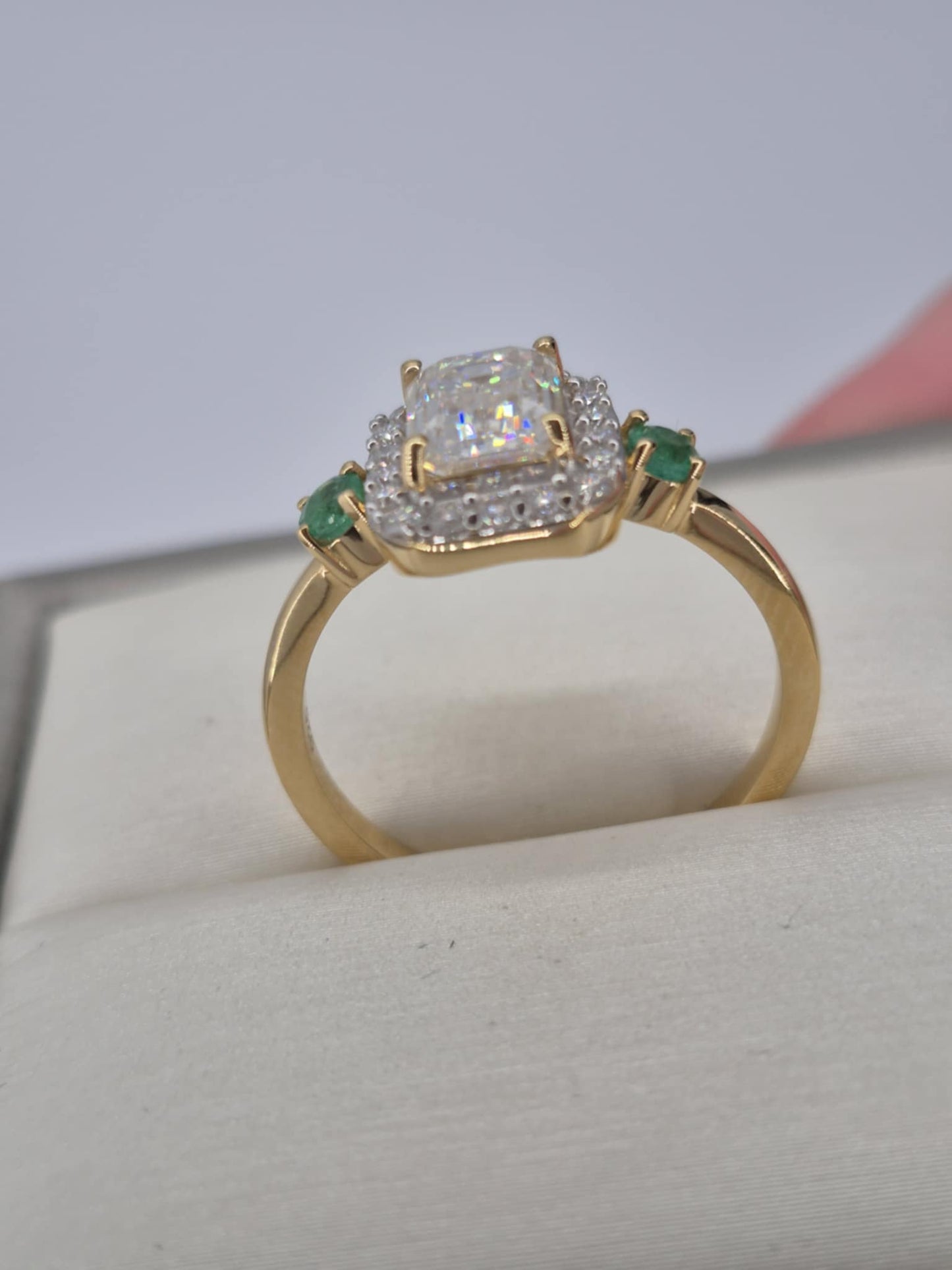 2.300ct. Octagon Cut Moissanite & Emerald Ring 18k Gold Overlay 925 Sterling Silver SIZE T