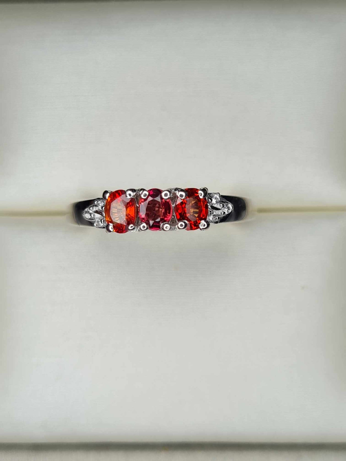 0.753ct Red Sapphire & White Zircon Trilogy Ring in Rhodium Overlay 925 Sterling Silver SIZE L