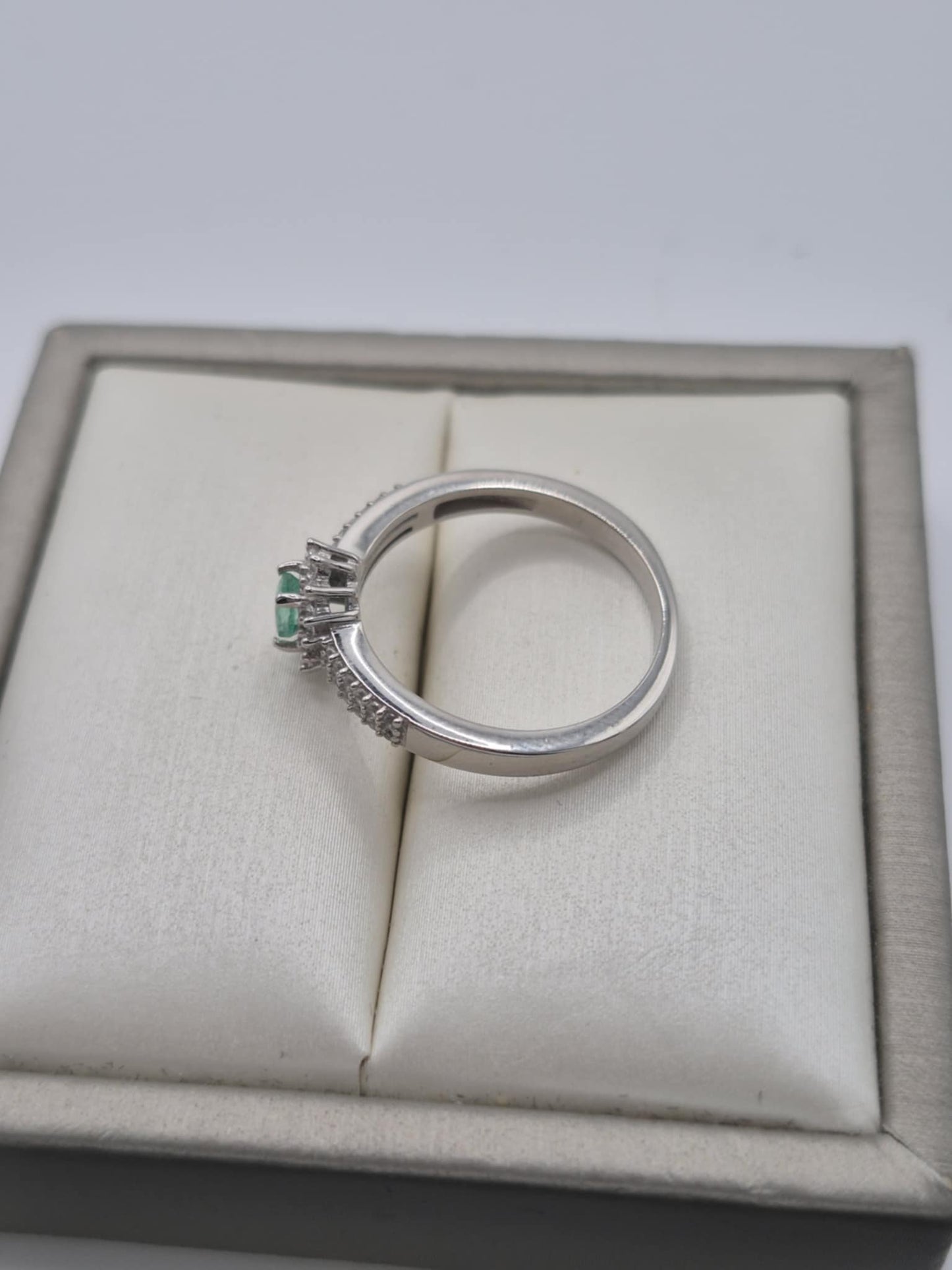 Colombian Emerald & White Zircon Halo Ring in Rhodium Overlay 925 Sterling Silver SIZE N