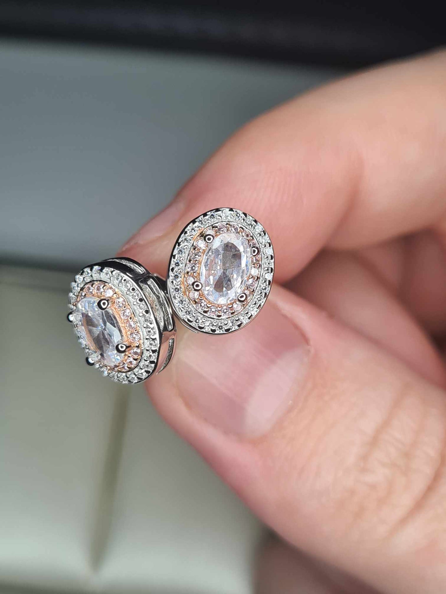 2ct White & Pink Zirconia Double Halo Stud Earrings 925 Sterling Silver