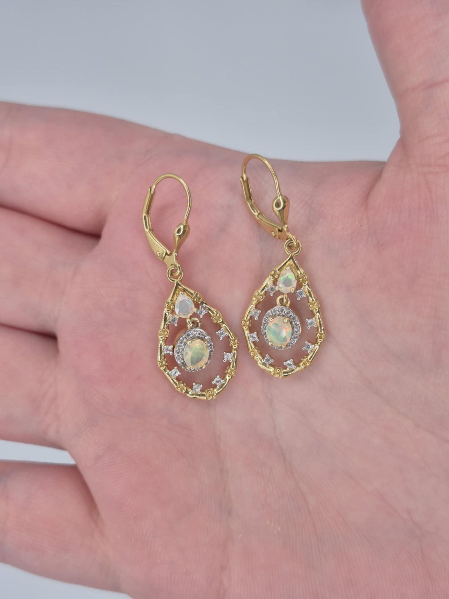 1.09ct Ethiopian Opal, White Zircon Dangle Earrings in 18K Gold Overlay 925 Sterling Silver