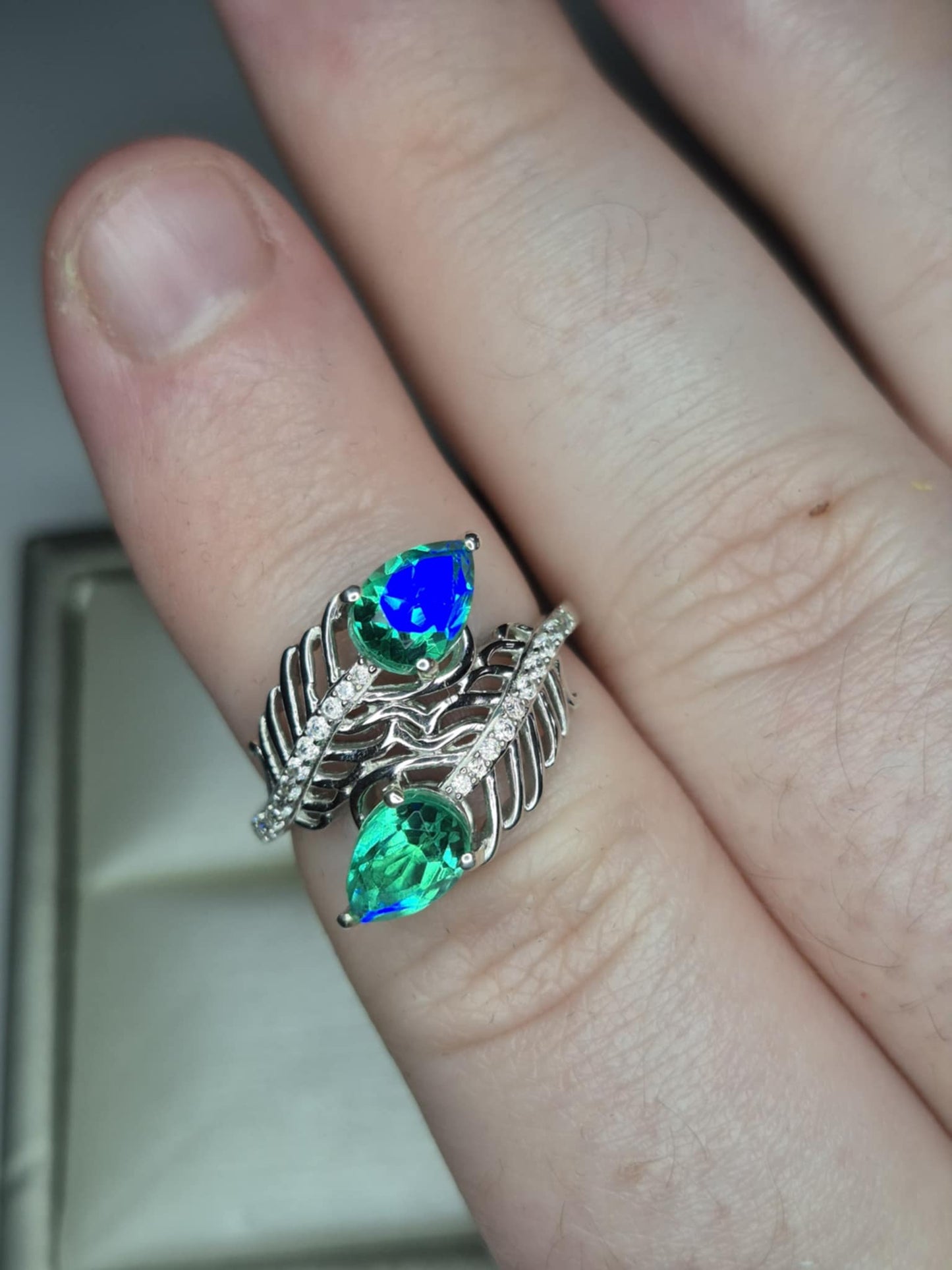 1.89ct Peacock Triplet Quartz Feather Ring in Rhodium Overlay 925 Sterling Silver SIZE L